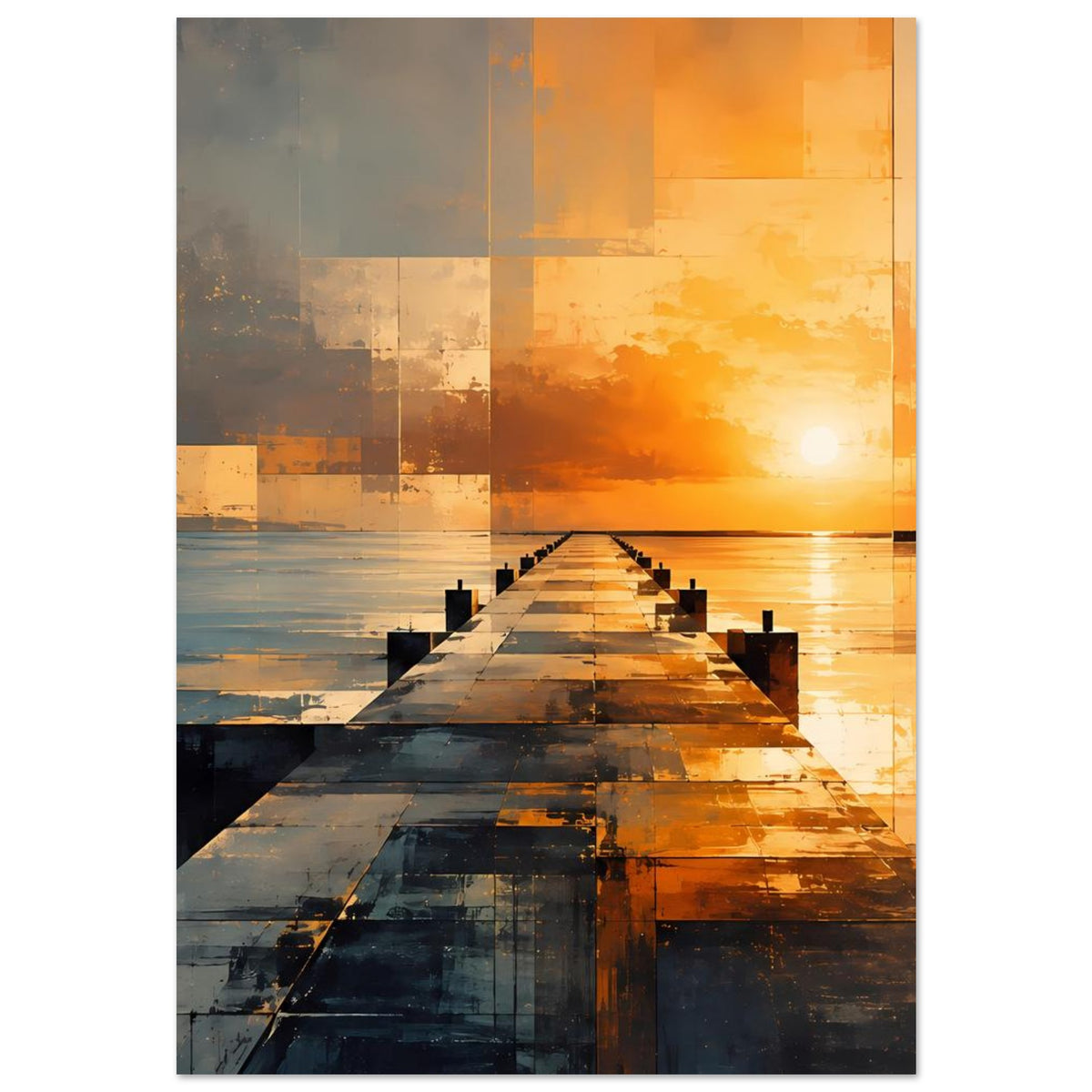 Abstraktes Pier-Sonnenuntergangs-Poster mit geometrischem Muster und Licht über dem Wasser