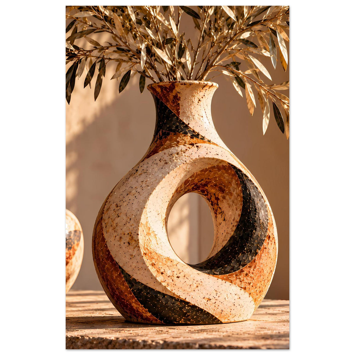 Gerahmter Kunstdruck: Keramikvase mit organischer Form, ovaler Öffnung und Blättern