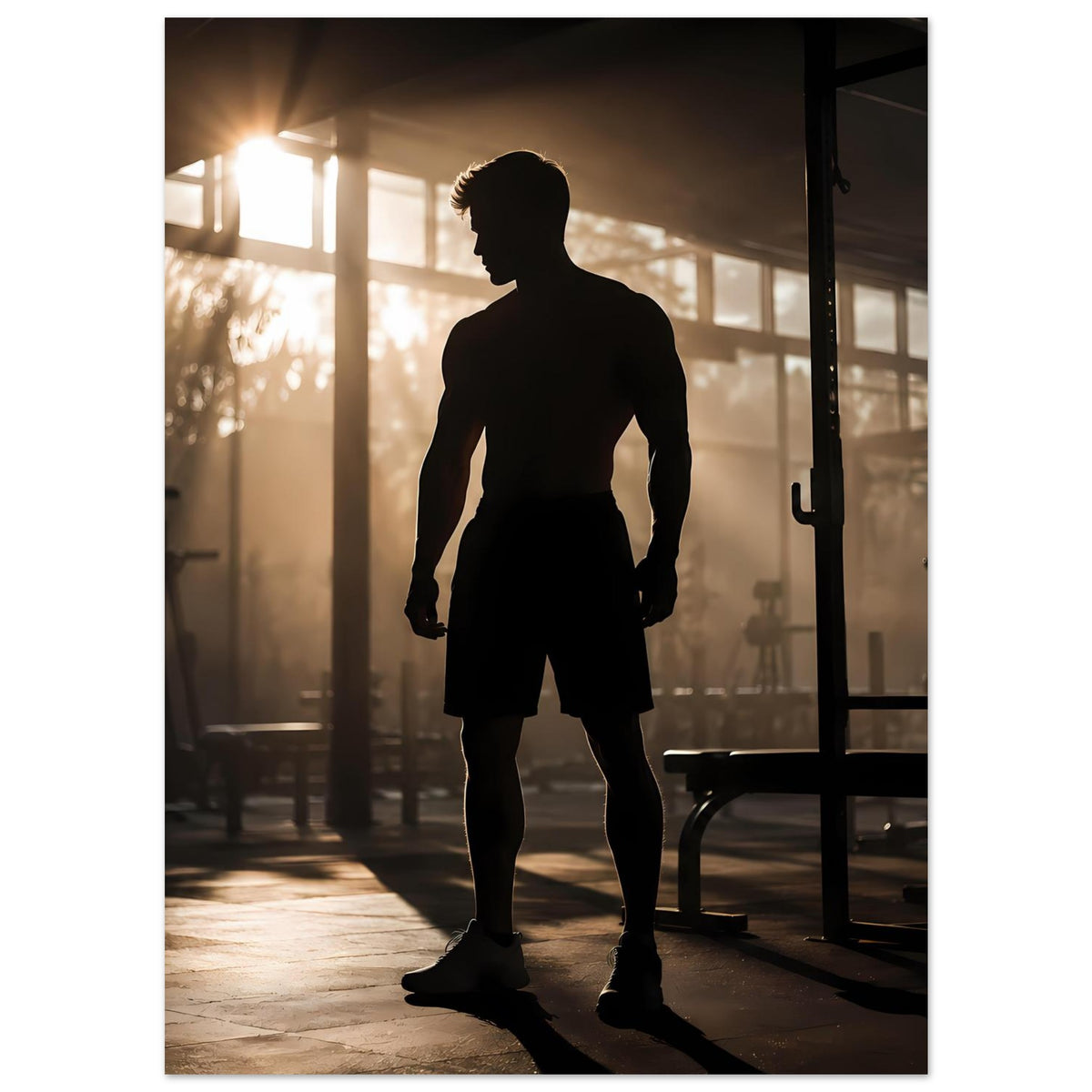 Fitness-Poster: Sportler-Silhouette im Profil, Shorts, Arme locker seitlich