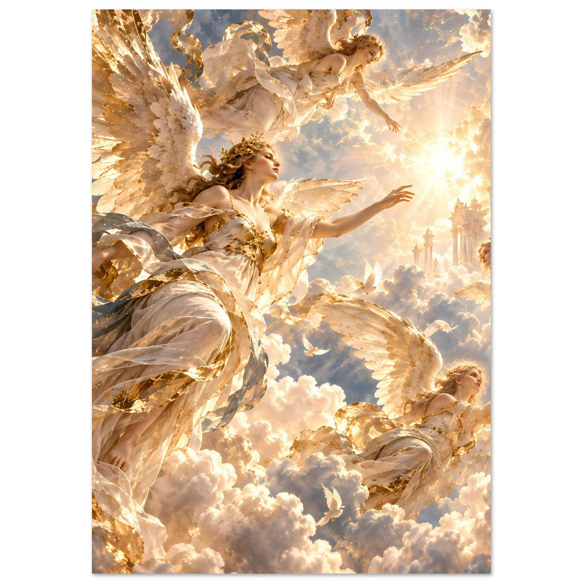 Mattes Poster: Engel mit goldener Krone und Flügeln, Hochformat, enger Ausschnitt