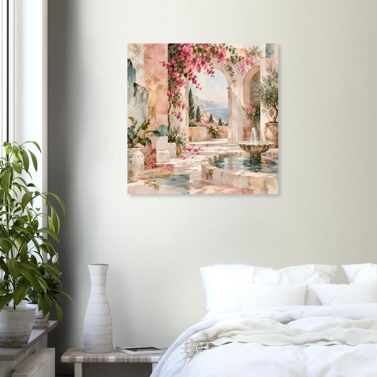 Quadratisches Kunstposter mit mediterraner Terrasse, Arkaden und Blumen am Brunnen