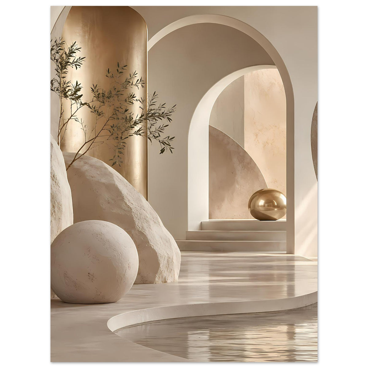 Architekturposter: warmes Sand-und Goldmotiv mit Pflanzenzweigen, Rundbogen und goldenem Objekt.