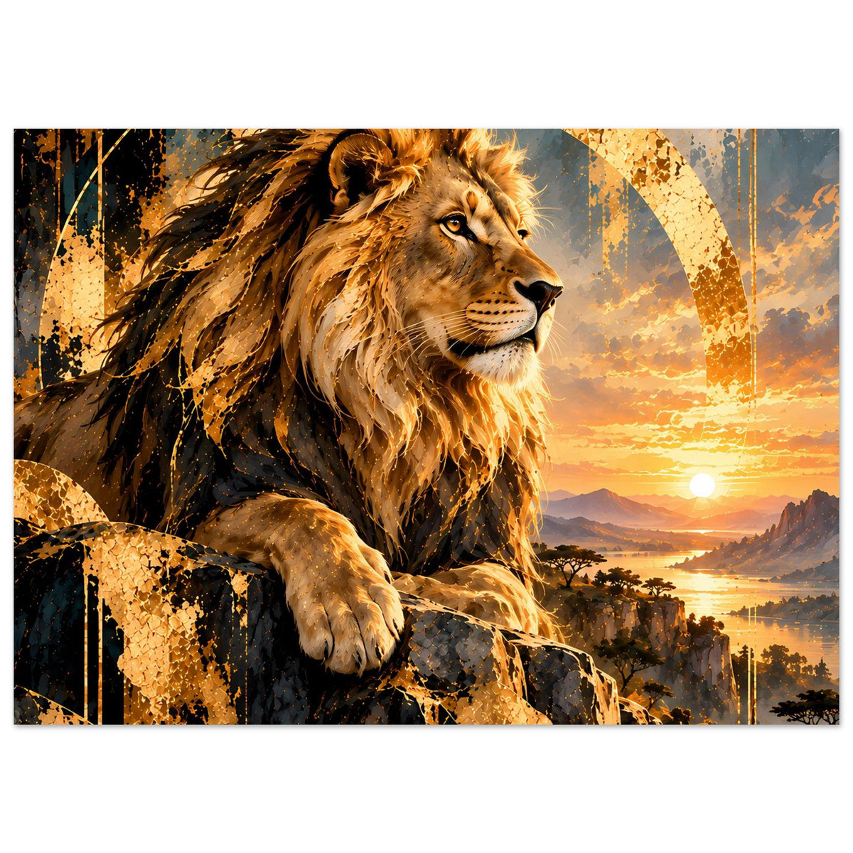 Horizontales Löwen-Sonnenuntergangs-Poster mit goldener Mähne und felsiger Szene