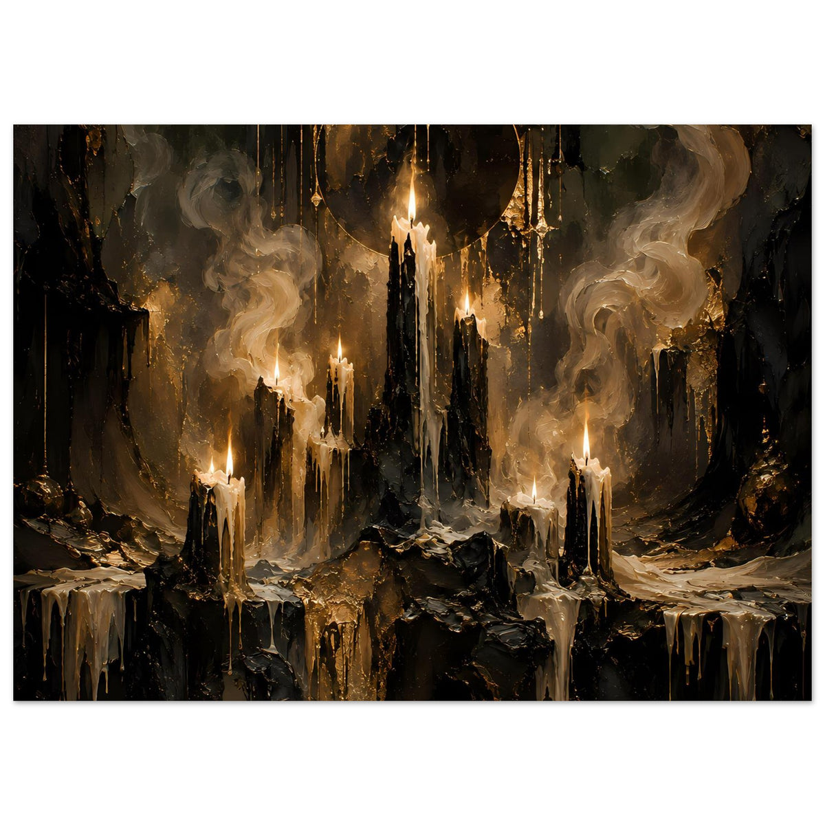 Horizontales Poster: Flammenkerzen vor dunkler Felslandschaft, Rauch und Goldakzente