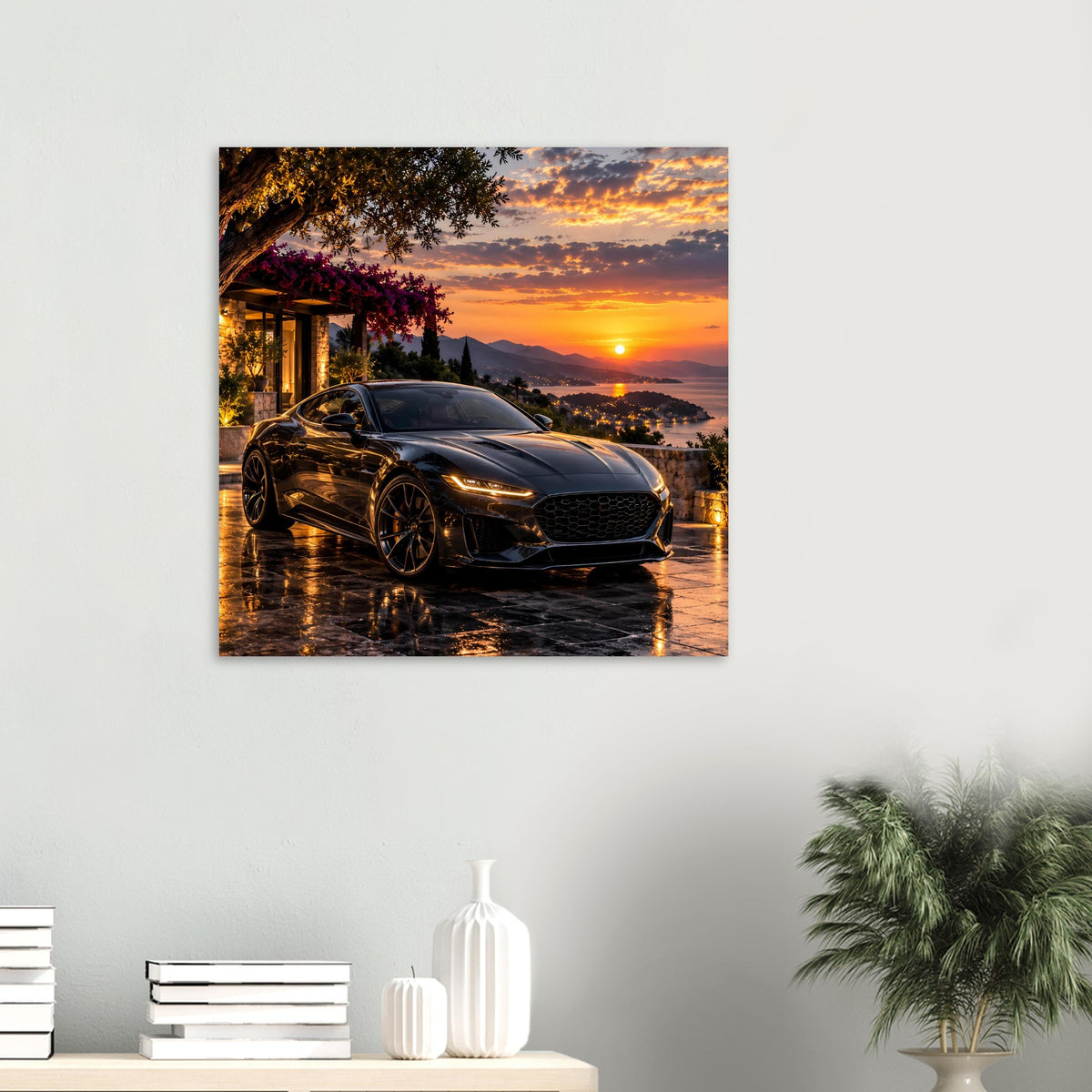 Quadratisches Poster mit schwarzem Sportwagen am Sonnenuntergang, Scheinwerfer im Vordergrund