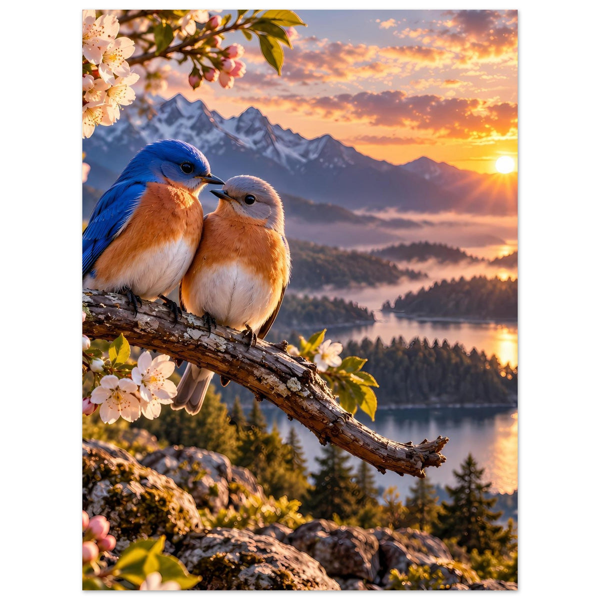 Poster mit zwei Vögeln auf Ast, Sonnenuntergangssonne, Seeufer und Berge im Hintergrund