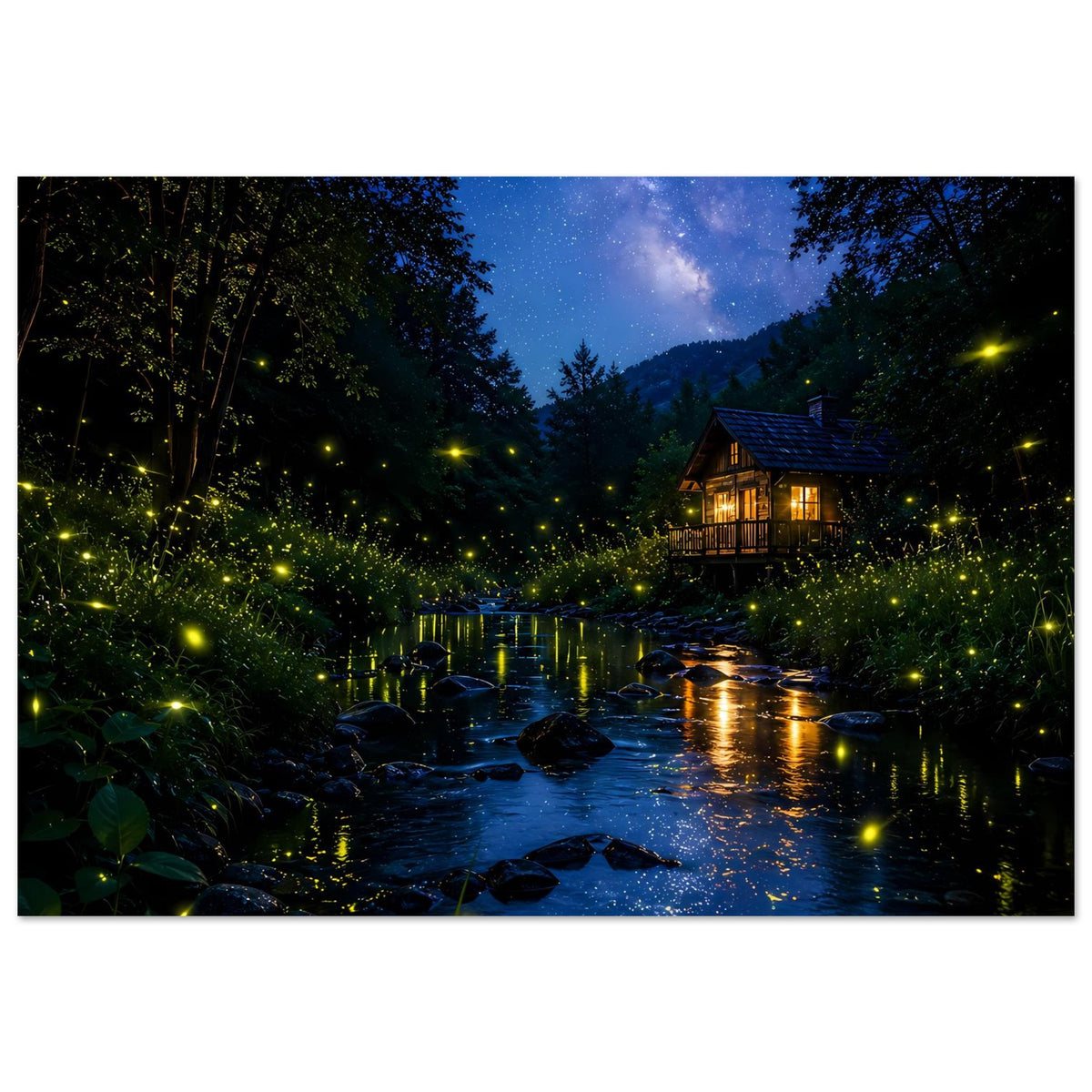 Poster zeigt nächtlichen Bachlauf im Wald mit leuchtenden Glühwürmchen und beleuchteter Hütte