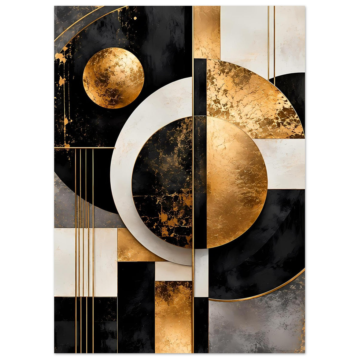 Abstractes Poster mit goldenen Kreisen, schwarzer und cremefarbener Geometrie