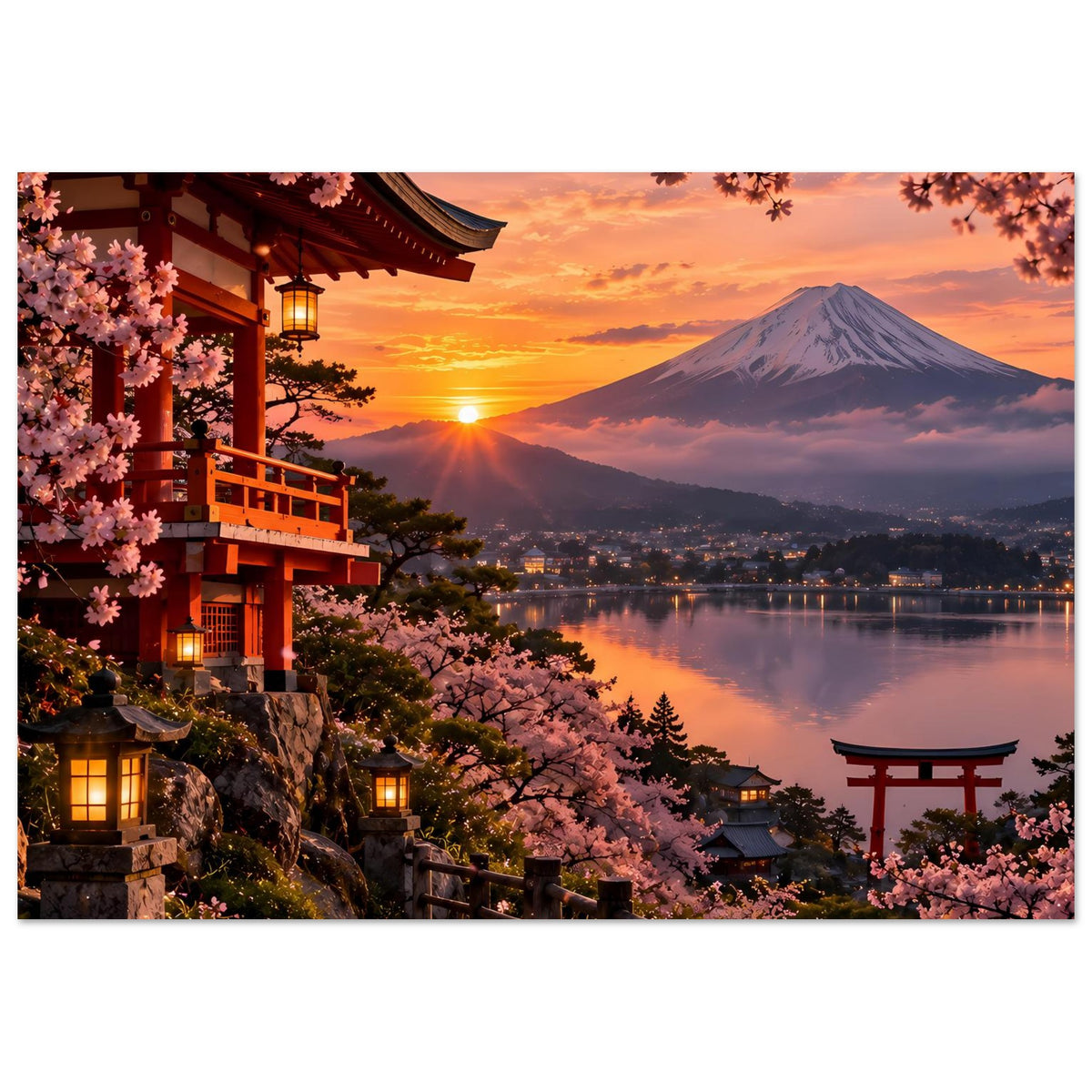 Horizontales Poster mit Kirschblüten, japanischem Torii und Berg Fuji bei Sonnenuntergang