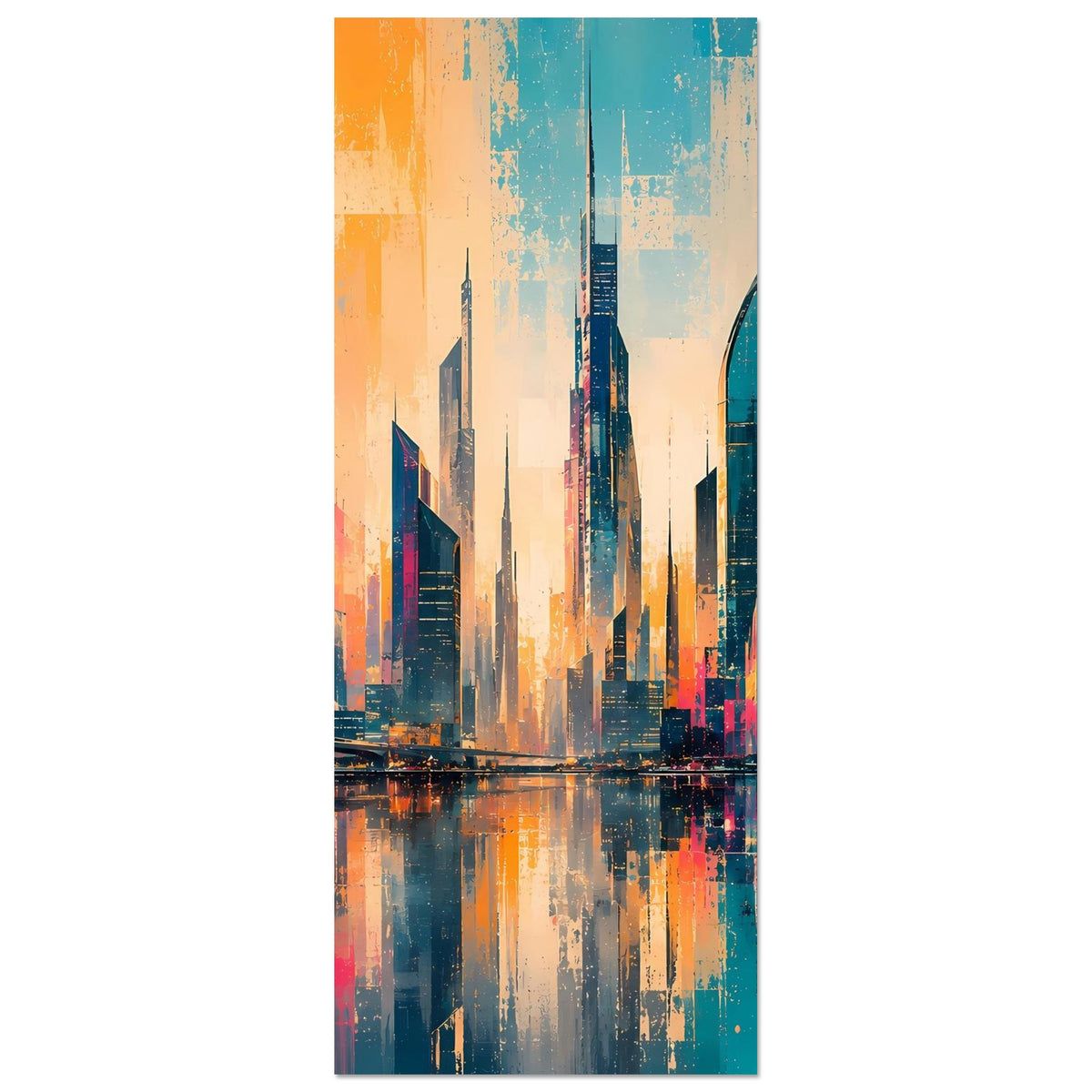 Vertikales Stadtpanorama-Poster mit futuristischer Skyline, Sunsetverlauf und Wasserspiegel