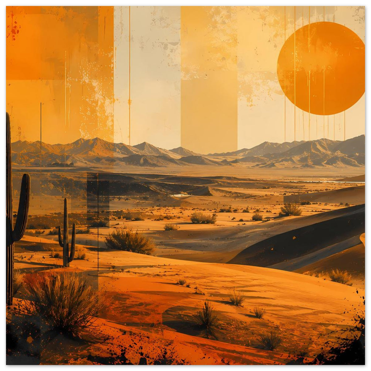 Retro-Wüstenposter mit Kakteen links, Sanddünen und orangefarbener Sonne rechts oben, weißer Rand