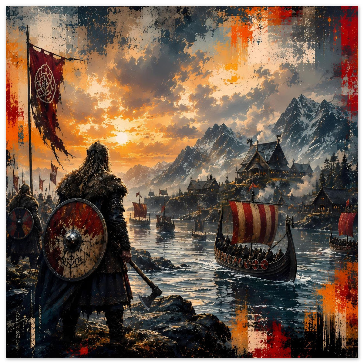 Wikinger-Saga-Poster mit Krieger links, Rundschild, Langboot mit roten Streifen und Bergen im Hintergrund