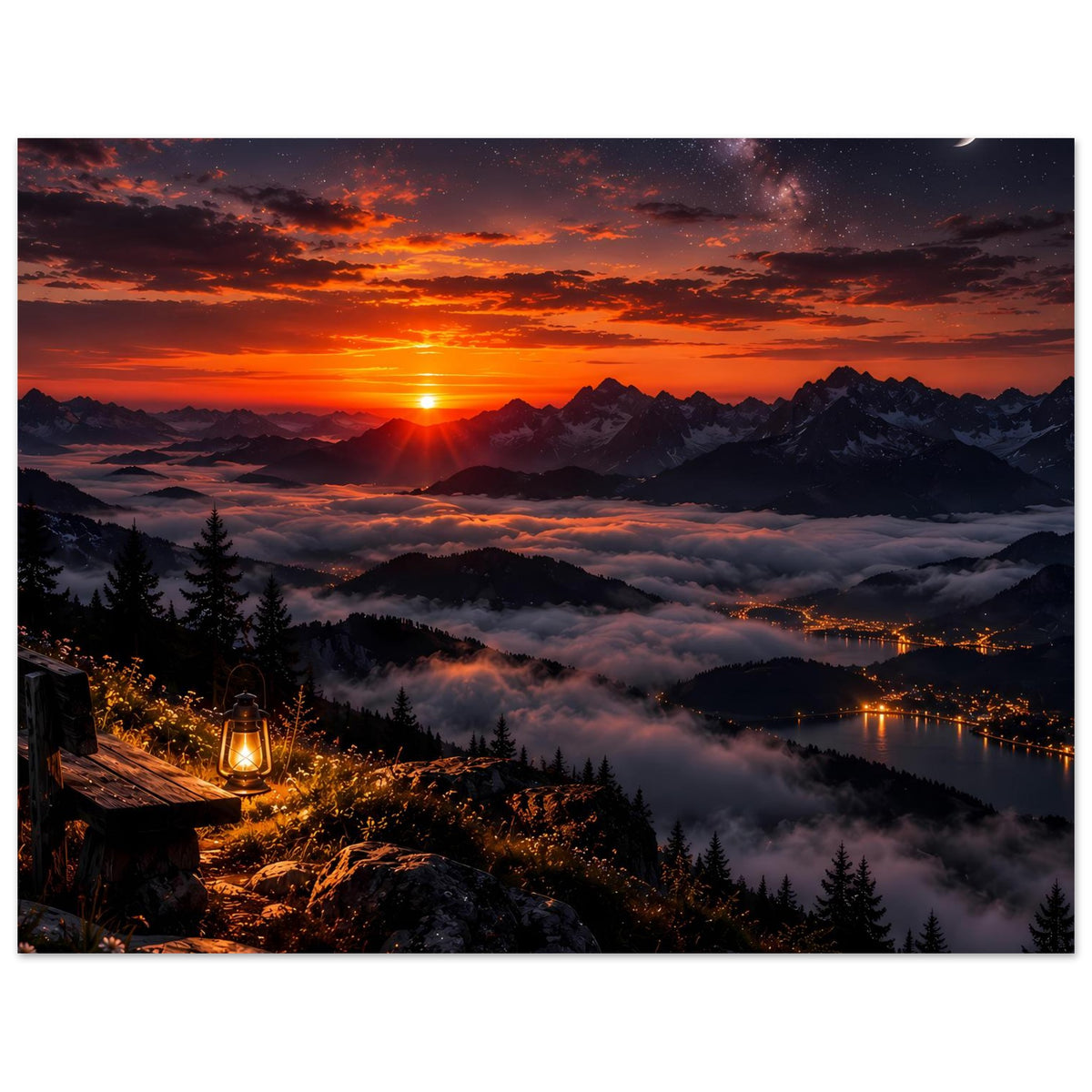 Landschaftsposter im Querformat: Sonnenaufgang über Bergen und See, Nebel zwischen Gipfeln, Laterne