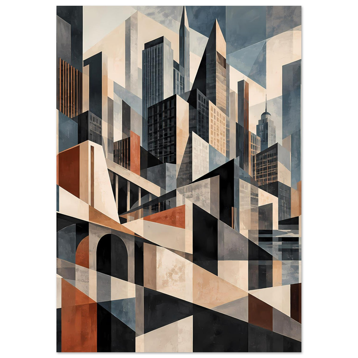 Architekturposter im Hochformat mit geometrischer Stadtsilhouette in Erdtönen und Blau