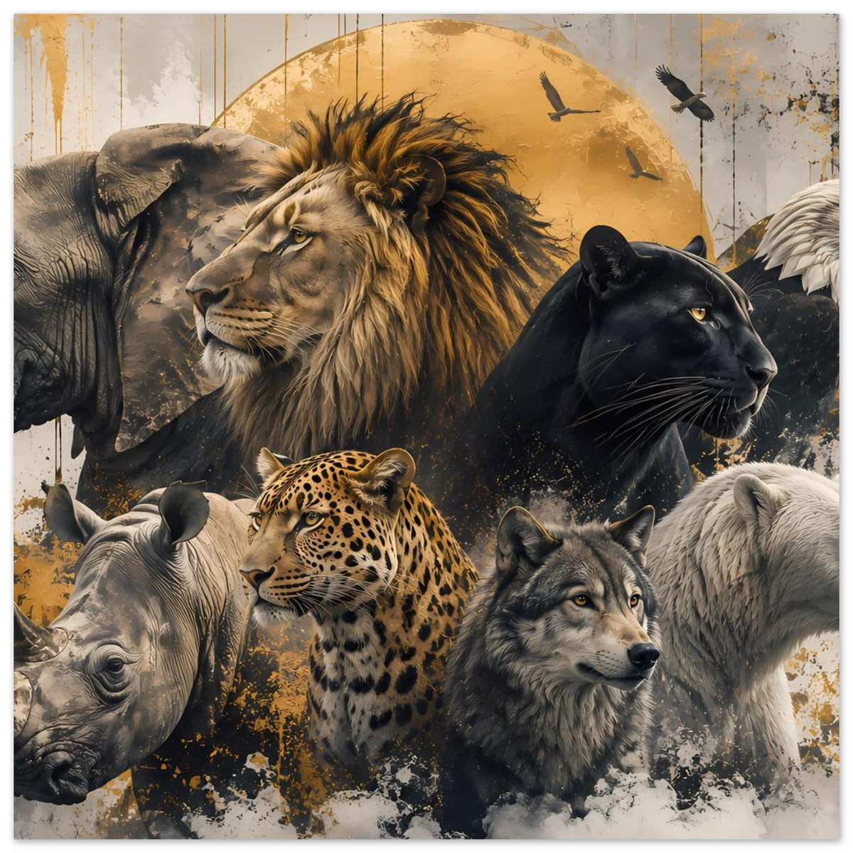 Wildtier-Poster (quadratisches Motiv) mit Löwe, Panther, Leopard und Wölfen