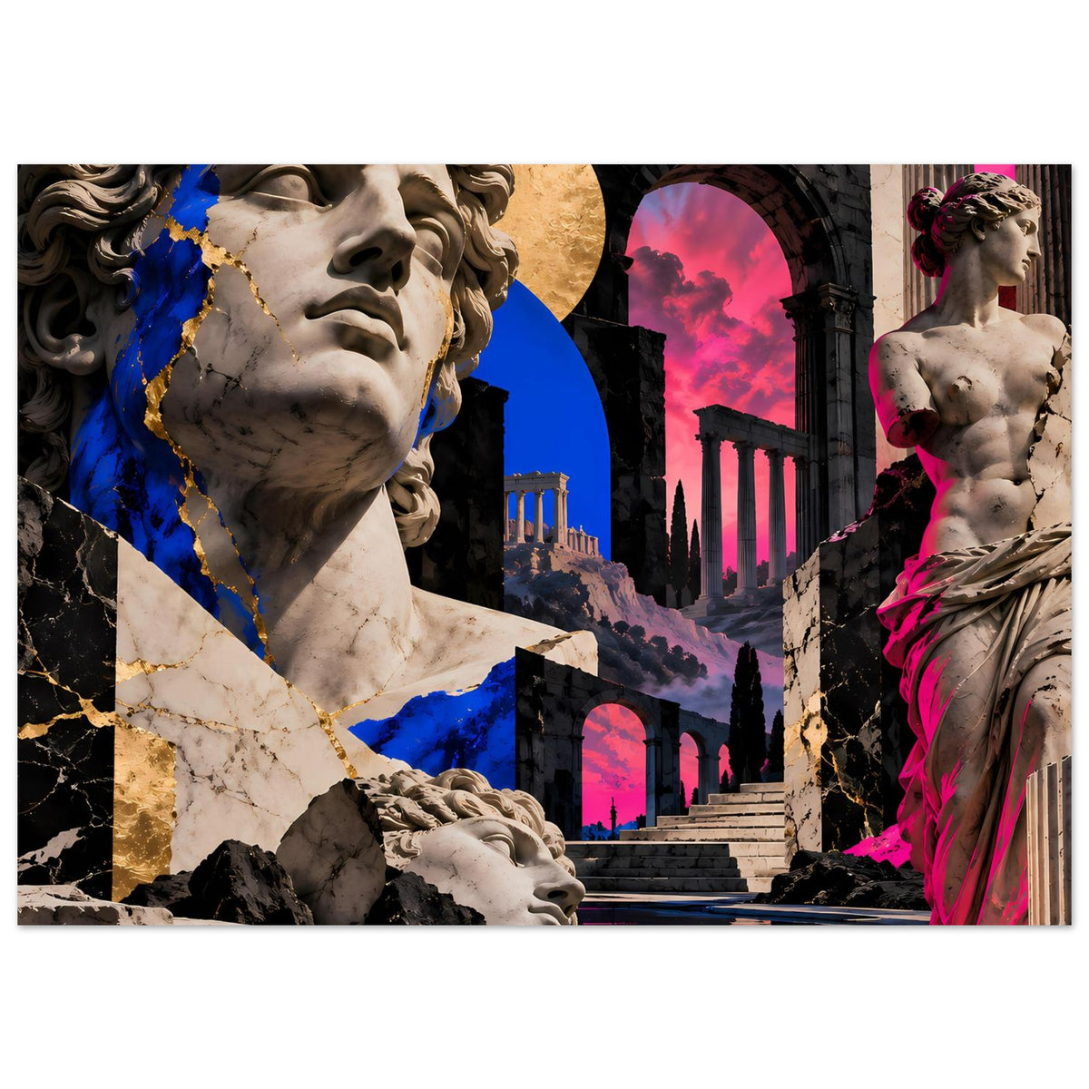 Horizontales Poster mit zwei Statuen, blau-pinke Akzente und Architektur-Elemente