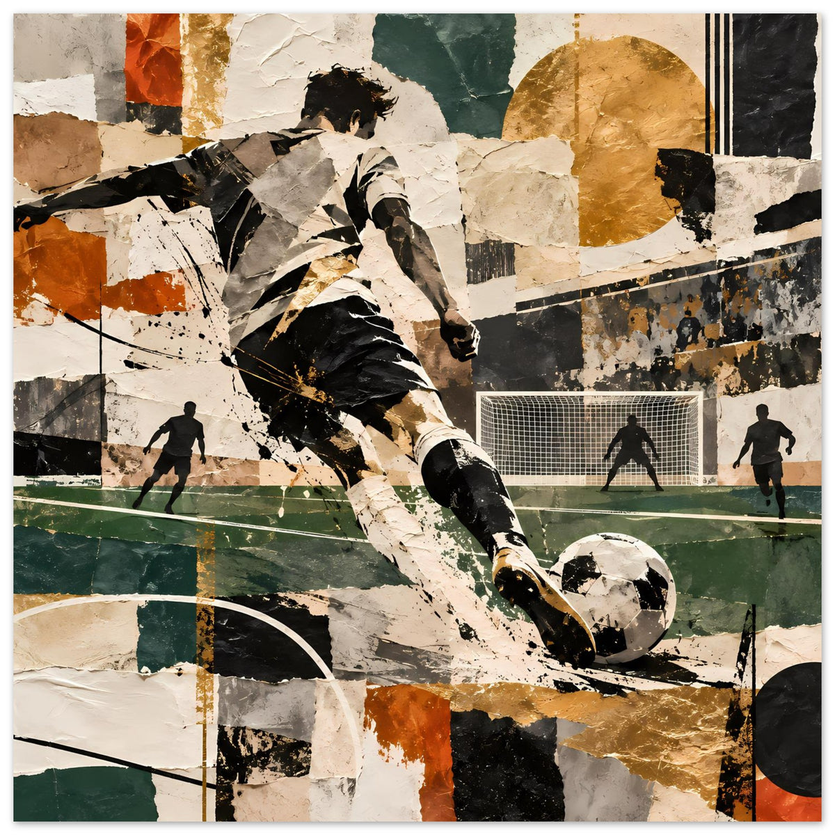 Fußball-Action-Kunstposter mit Spieler im Spiel, Ball und Tor, Patchwork-Optik in Schwarz, Grün und Gold