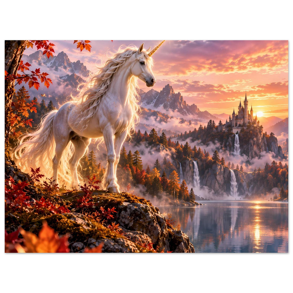 Einhorn-Fantasy-Poster (Querformat) mit weißem Einhorn, See, Nebelwald und Schloss
