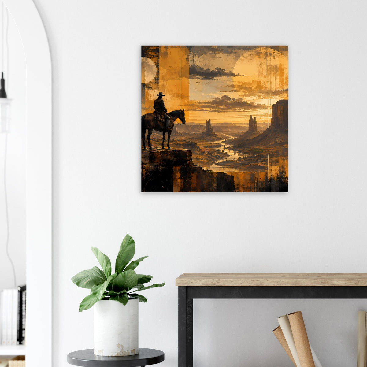 Western-Sunset-Poster mit Reiter-Silhouette auf dunklem Pferd, goldener Himmel, schwarzer Rahmen