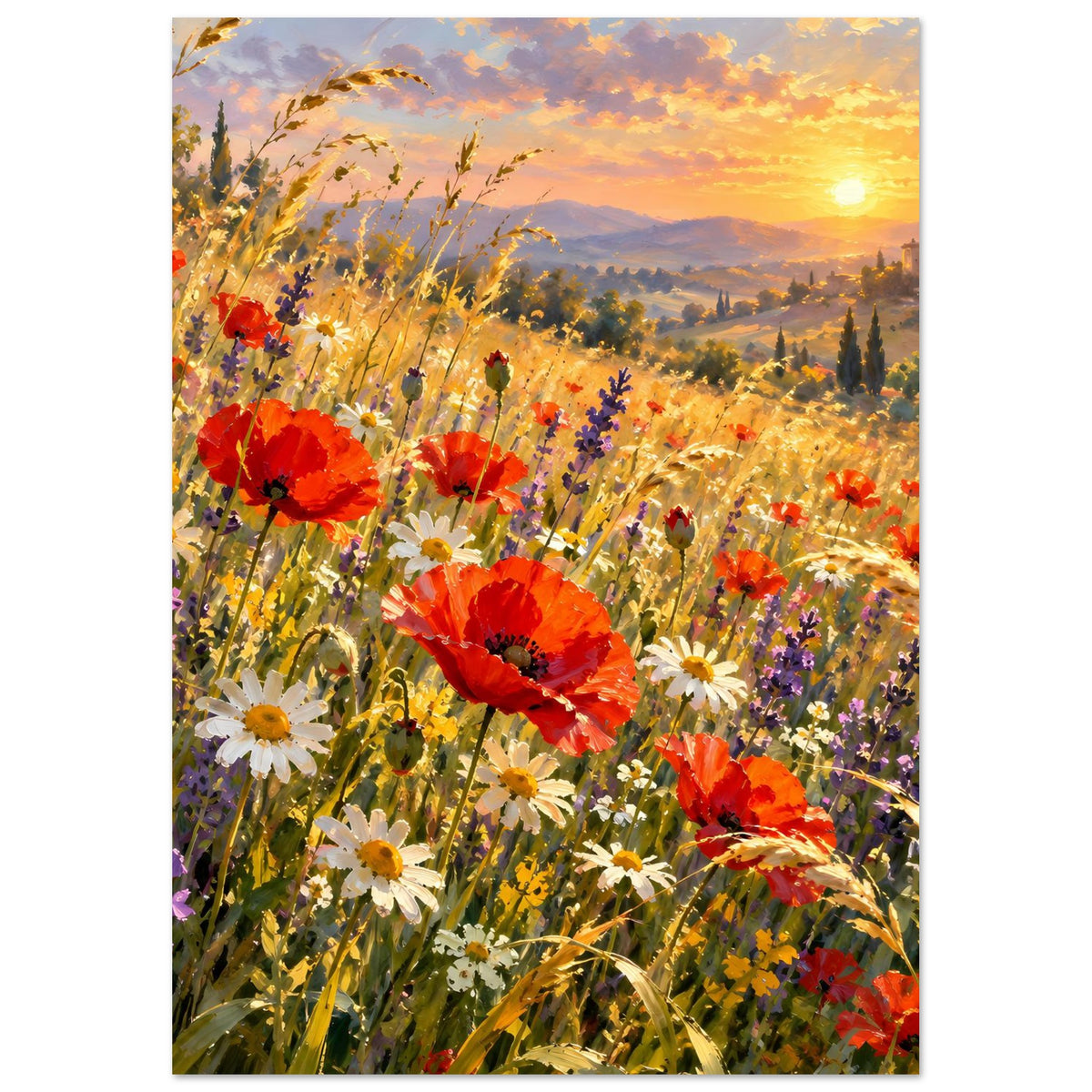 Wildblumenposter im Hochformat mit roten Mohnblumen, weißen Gänseblümchen und gelbem Licht.