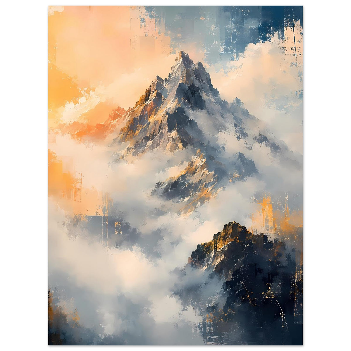 Poster mit Berggipfeln im Sonnenaufgang, warme Orange- und kühle Blautöne auf mattes Papier