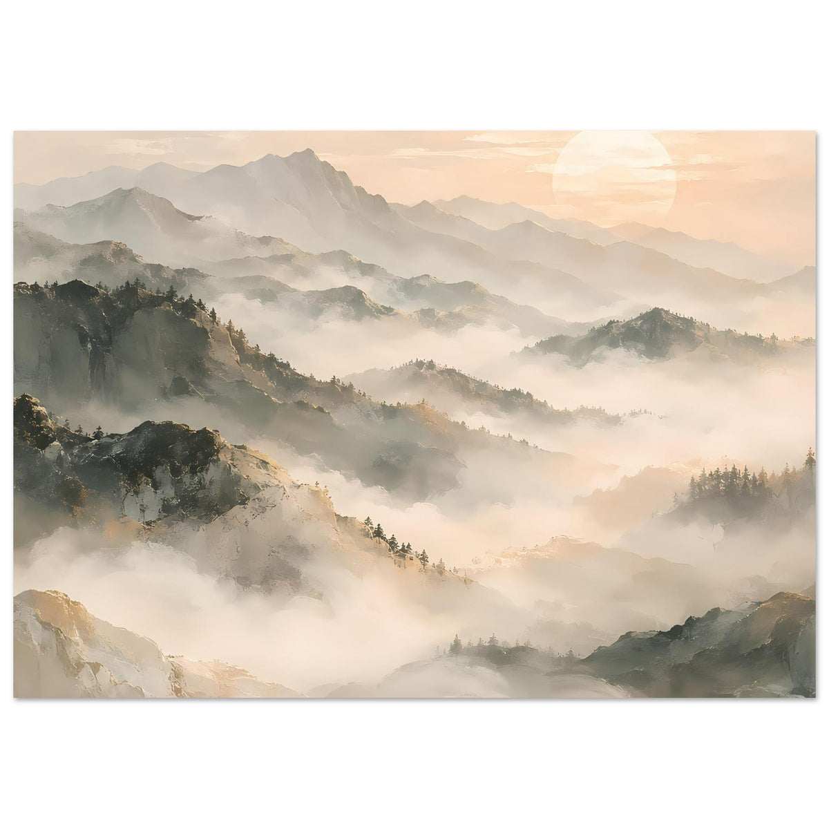 Wandposter im Querformat mit nebliger Bergkulisse, warmen Beige- und Grautönen