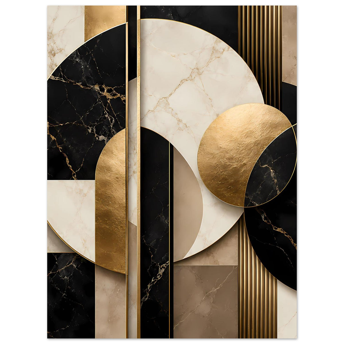 Poster mit abstrakter Marmor-und Goldkomposition: Kreisformen, goldene Fläche, dunkle Akzente