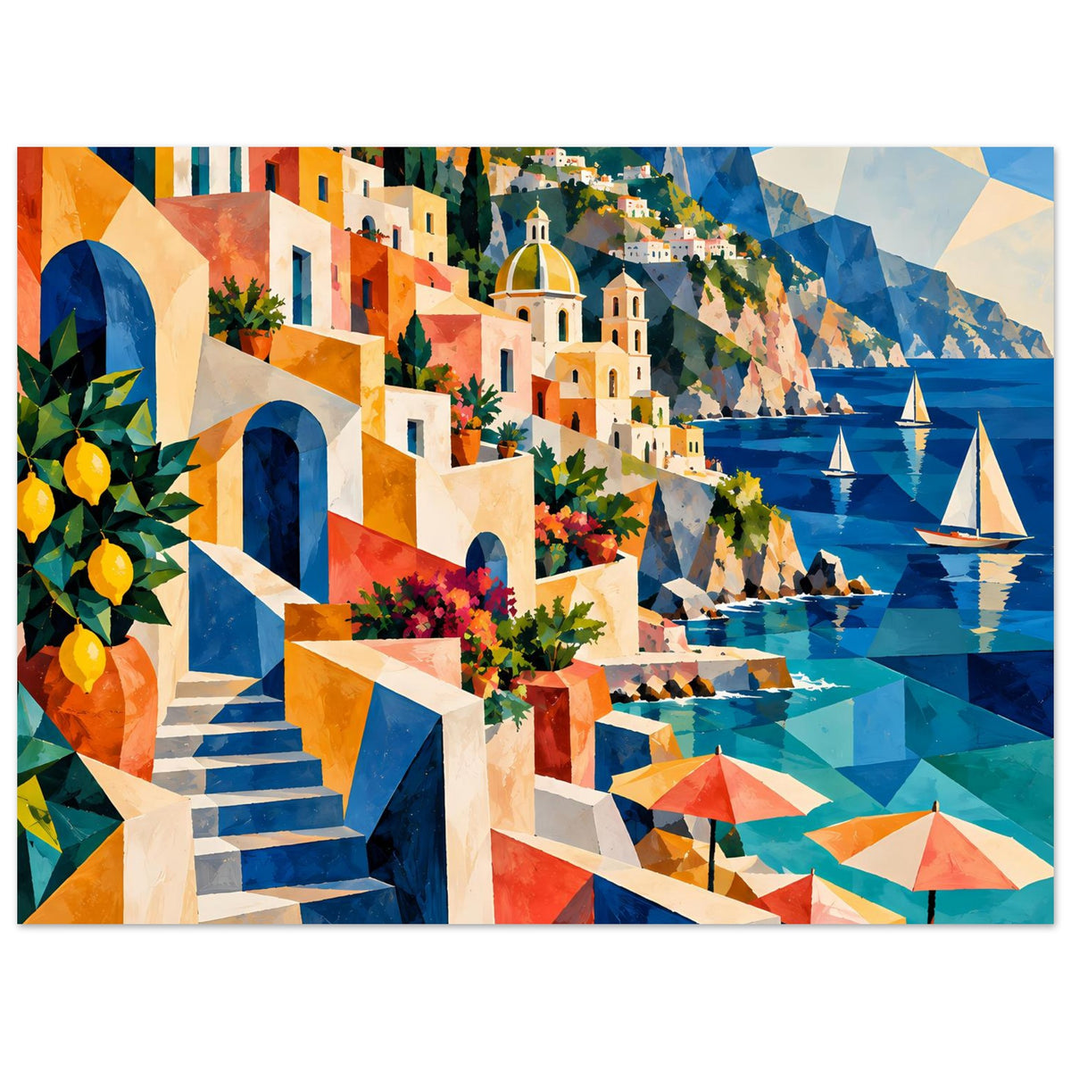 Mediterranes Küstenmotiv-Poster mit Häusern, Pflanzgefäßen, Meer und Segelbooten
