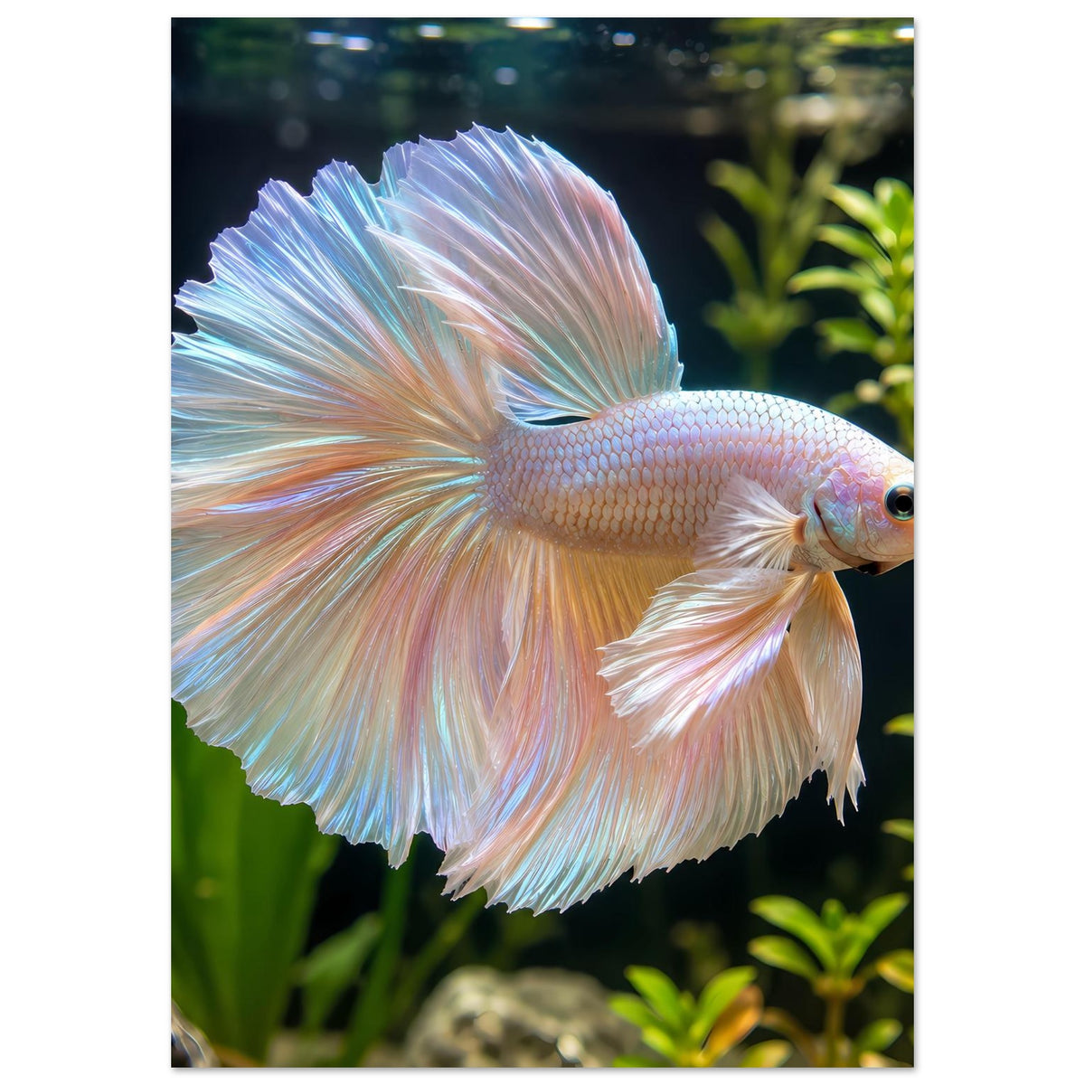 Vertikales Poster mit Betta-Fisch, nahaufnahme: weißliche Flossen mit blauem Glanz und Rosatönen