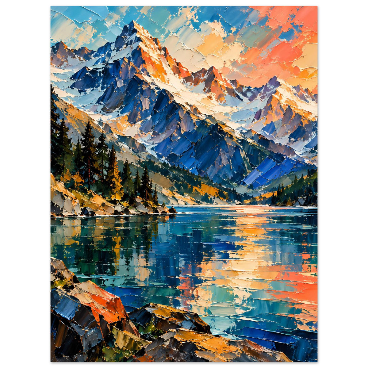 Poster mit Bergsee-Landschaft, blaue Berggipfel, spiegelnde Wasserfläche und warmer Himmel