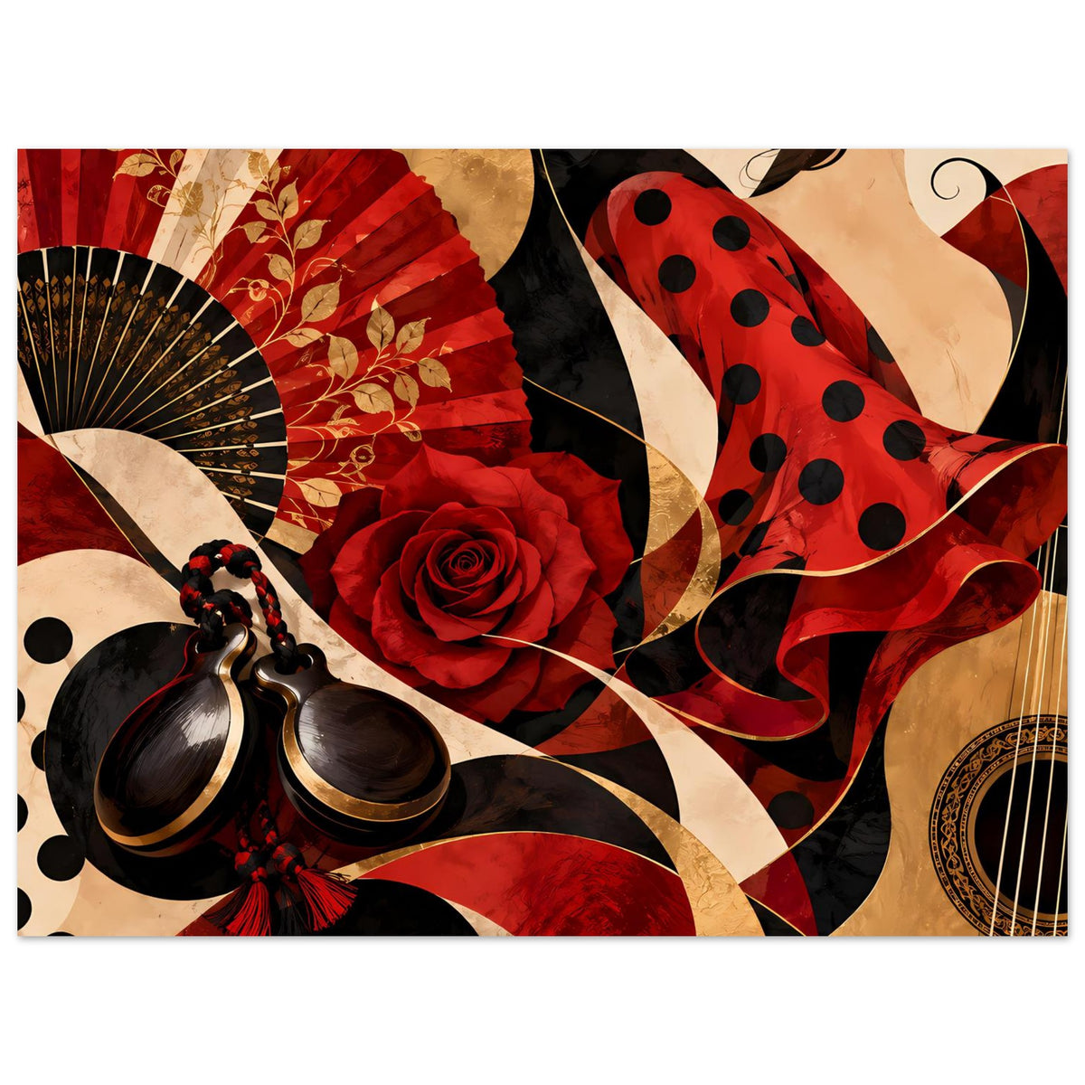 Flamenco-Eleganz Poster: Fächer links, rote Rose mittig, Polka-Dots und Gitarrenmotiv rechts
