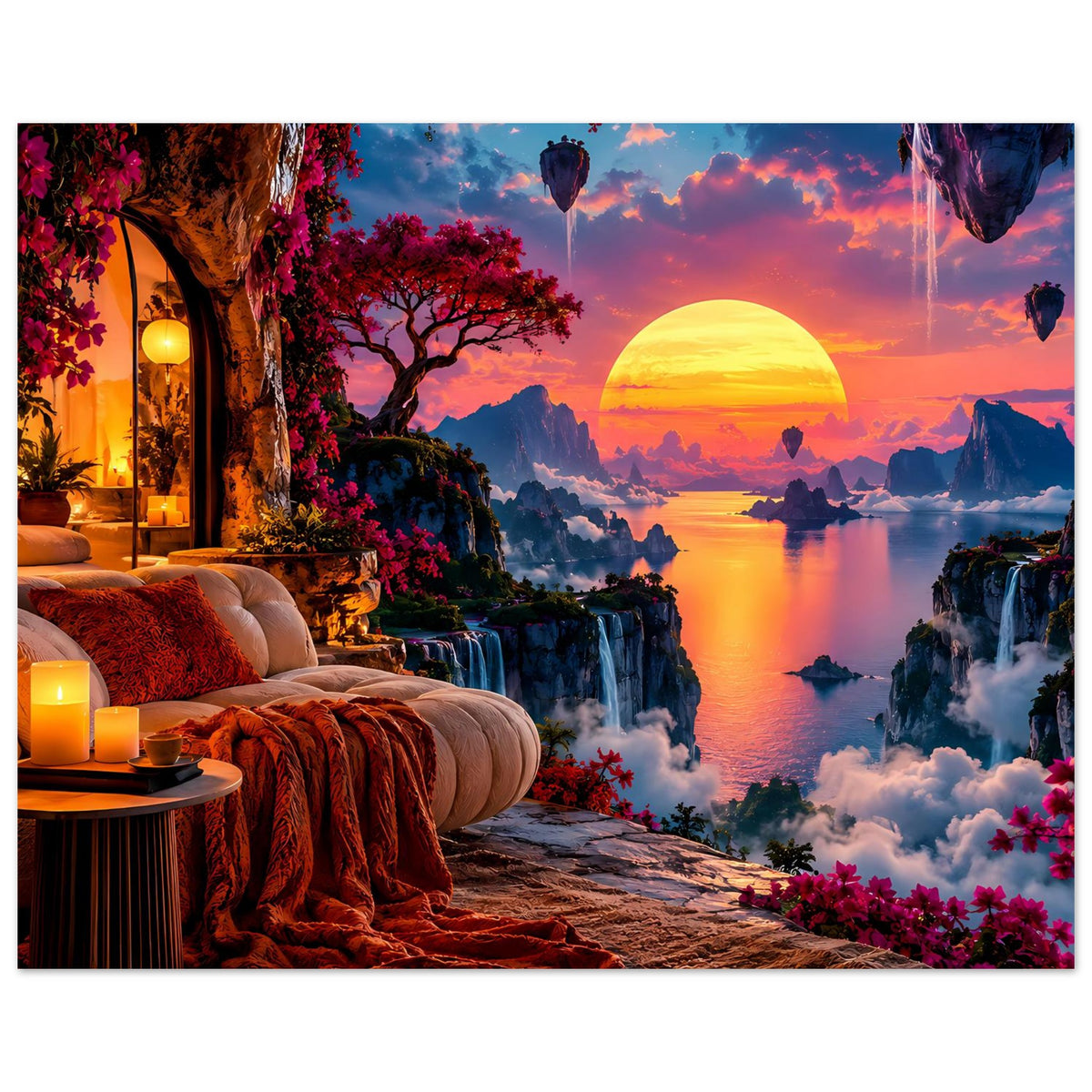 Horizontales Poster mit Traumlandschaft: Sonne, See, Wasserfall, Heißluftballon und Blumen.