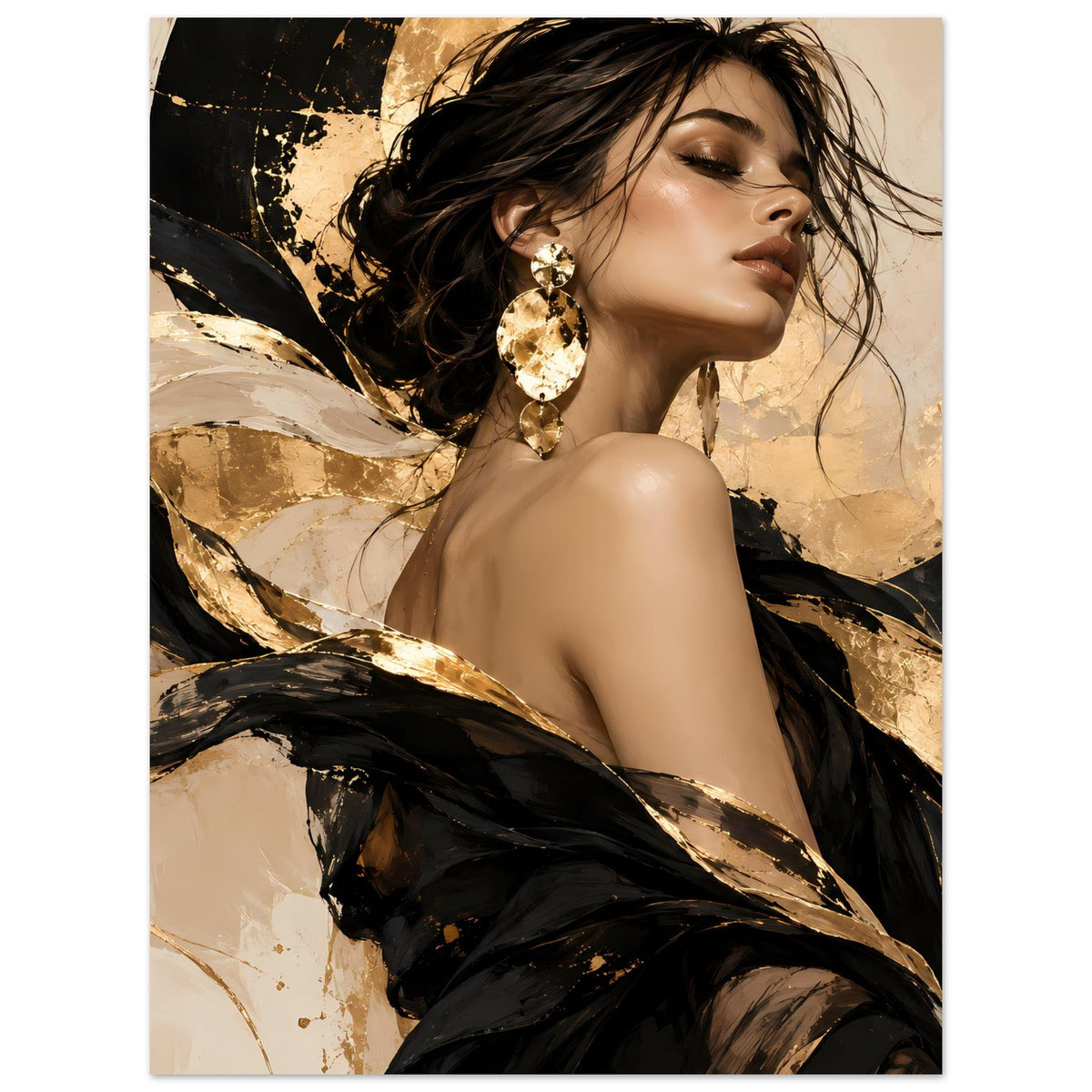 Poster mit Damenporträt: seitlicher Blick, goldene Ohrringe, dunkles Kleid, goldene Gesten