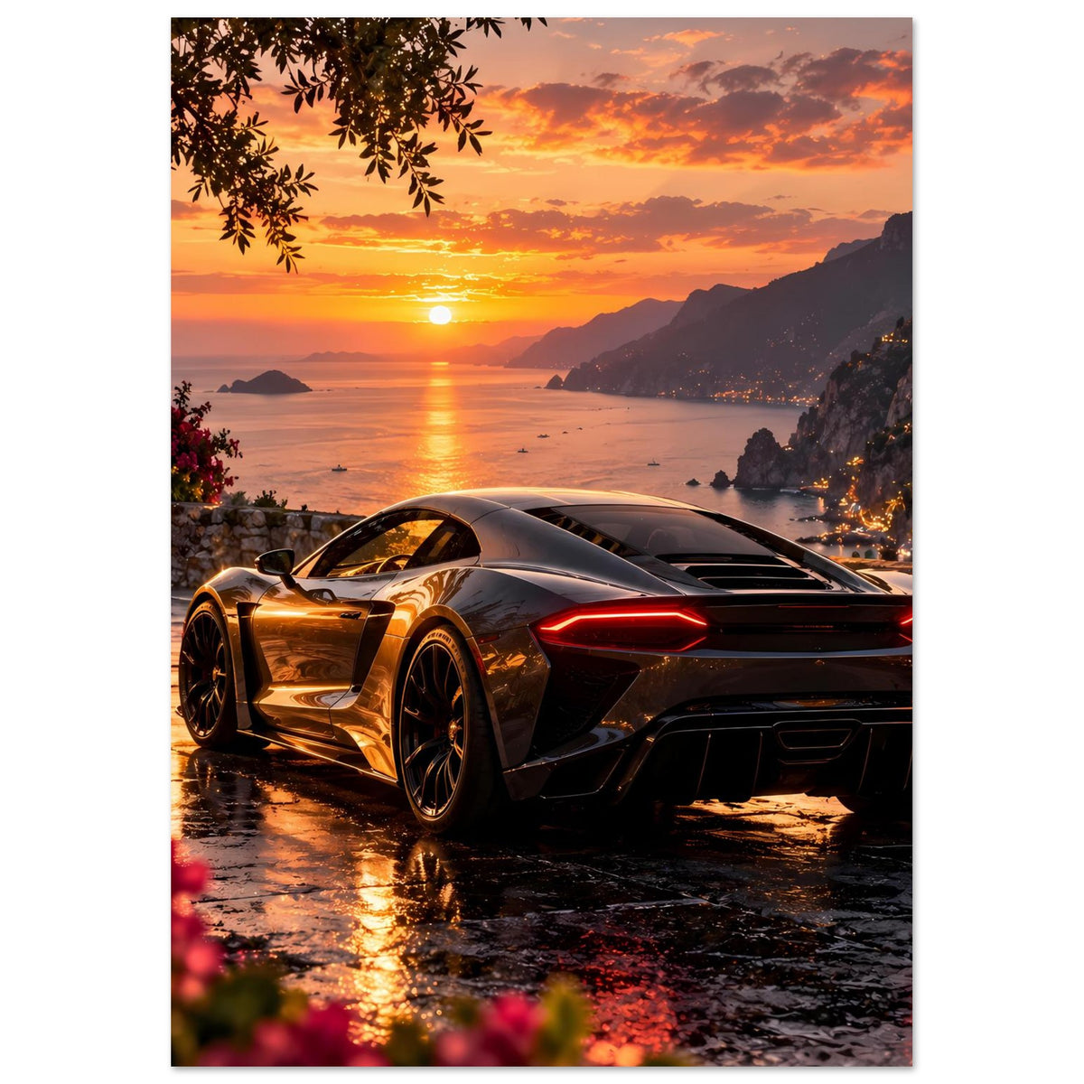 Poster mit Luxus-Sportwagen beim Sonnenuntergang, Front-3/4, rote Rücklichter, nasse Fahrbahn