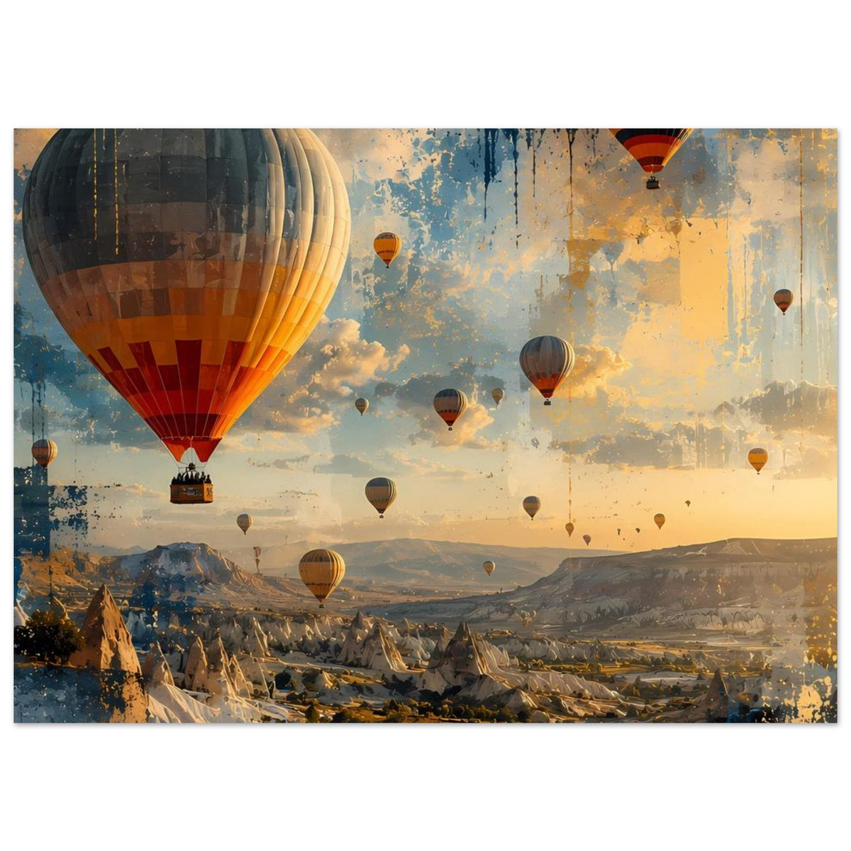 Heißluftballon-Landschaftsposter mit großem Ballon links und mehreren Ballons im oberen Bildbereich