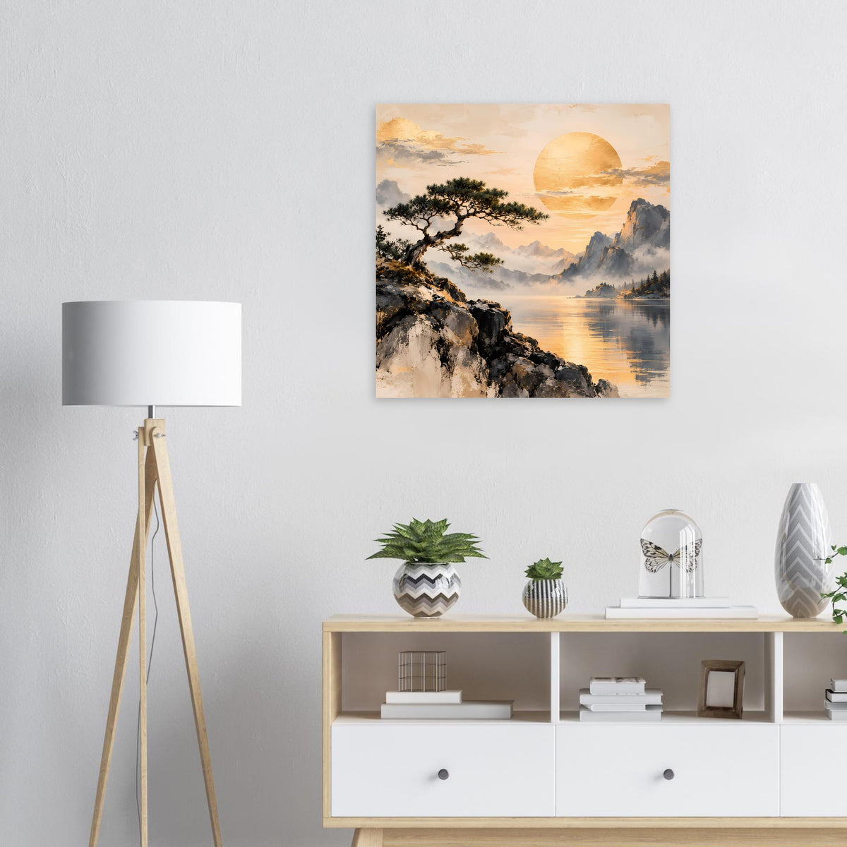 Landschaftsposter mit See, Felsen, Sonnenuntergang und goldenem Himmel im Rahmen