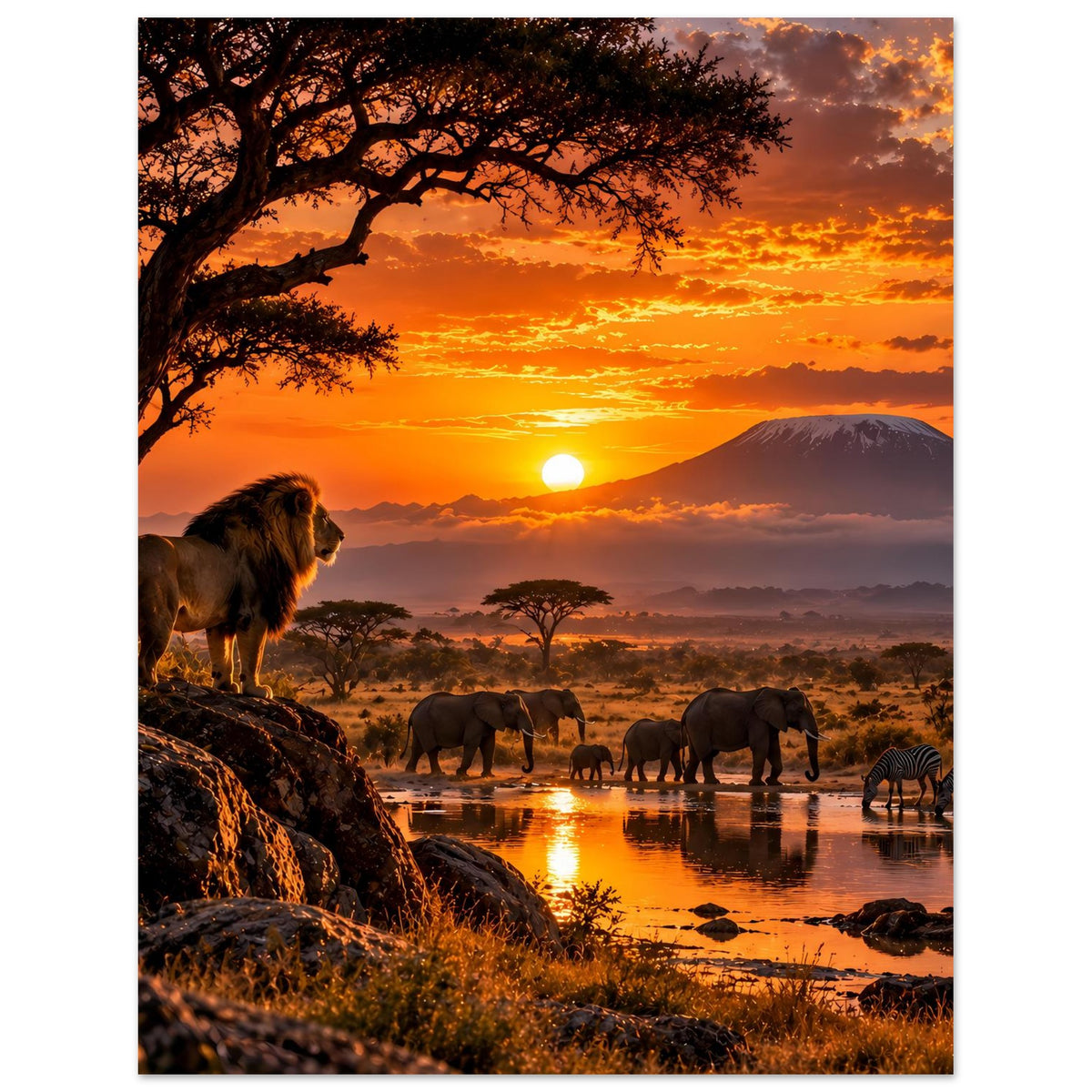 Afrika-Safari-Sonnenuntergangs-Poster, Hochformat: Löwe am Felsen, Herde Elefanten am Wasserloch
