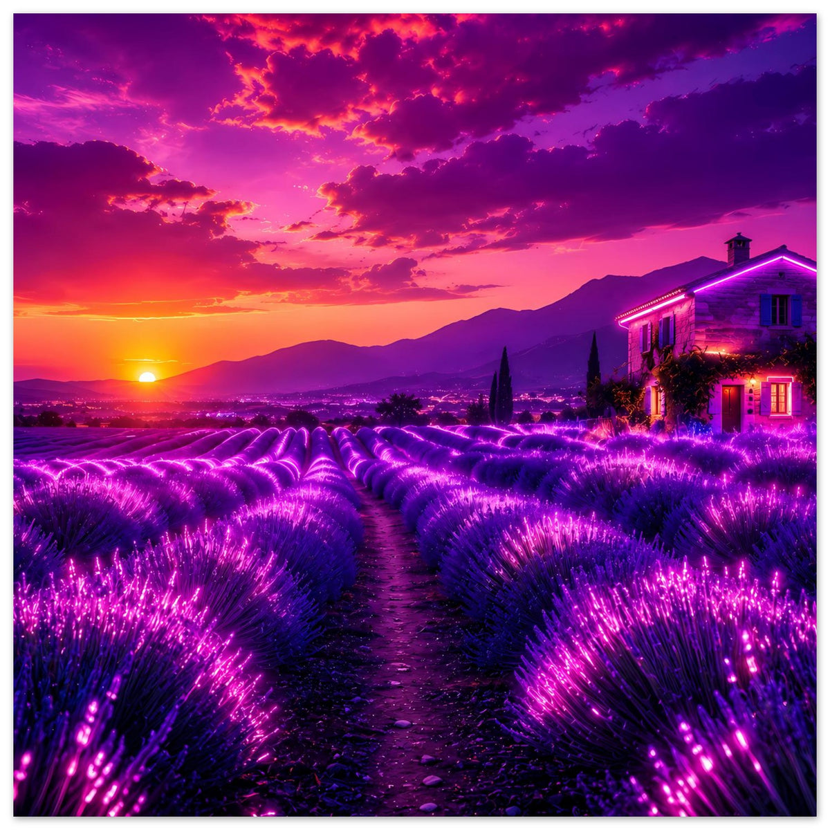Lavendelfeld-Poster mit violetten Blüten, Mittelweg, Haus rechts und Sonnenuntergang