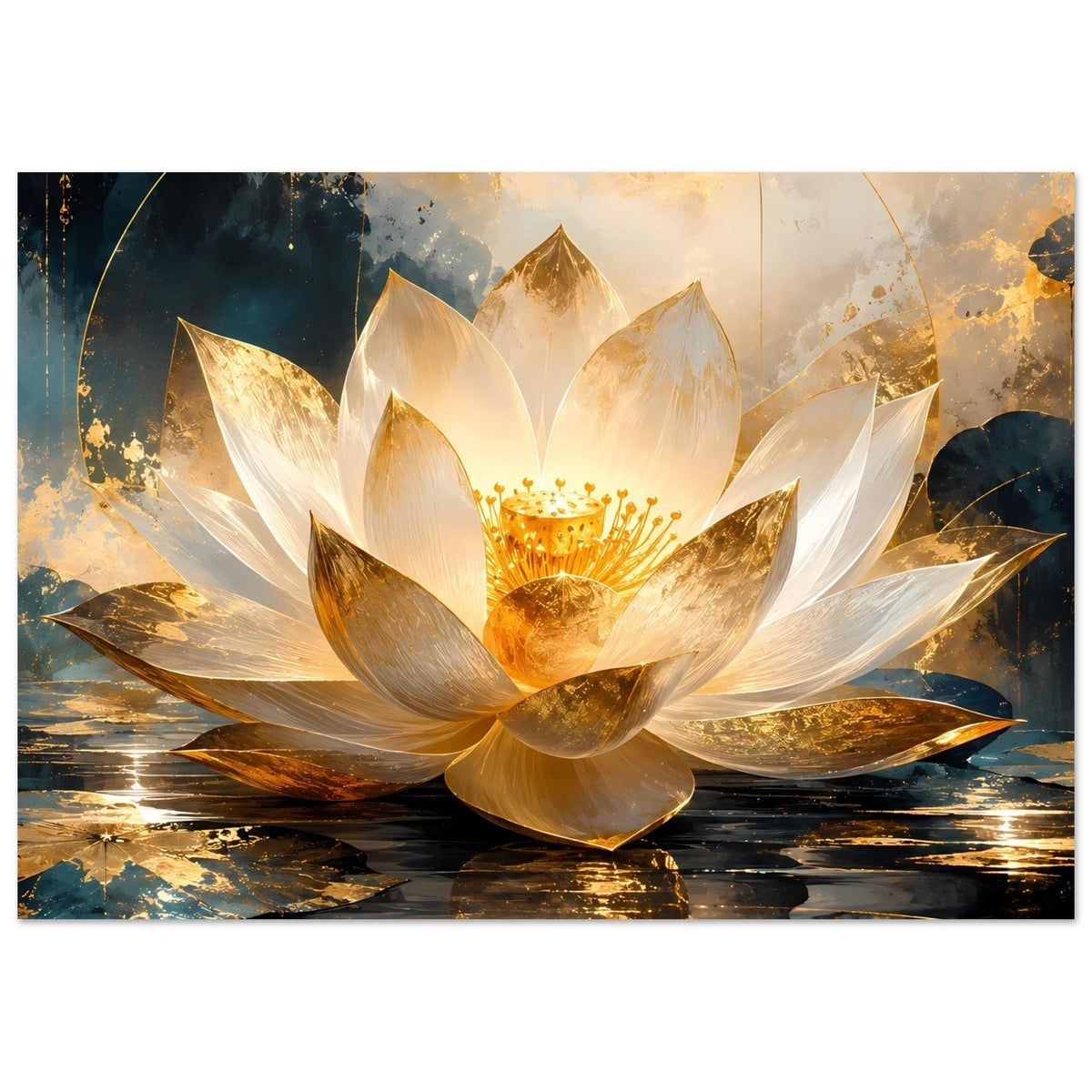 Lotusblüten-Kunstposter mit goldweißer Lotusblüte und Spiegelung auf dunklem Wasser