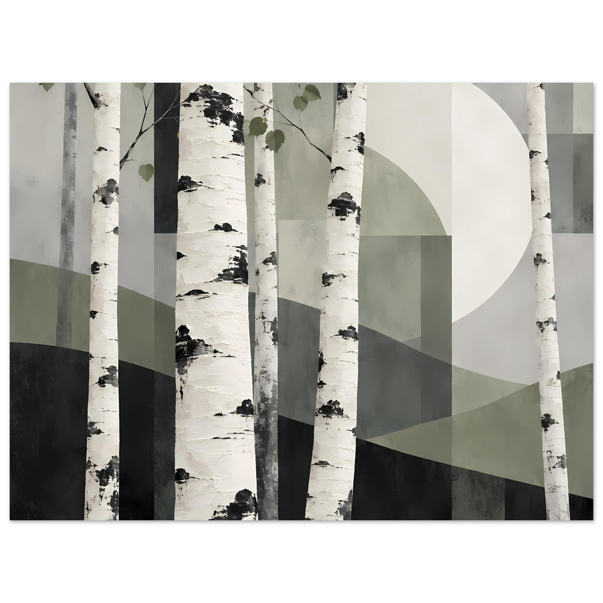 Naturposter im Querformat: abstrakter Birkenwald mit geometrischen Grau- und Grüntönen