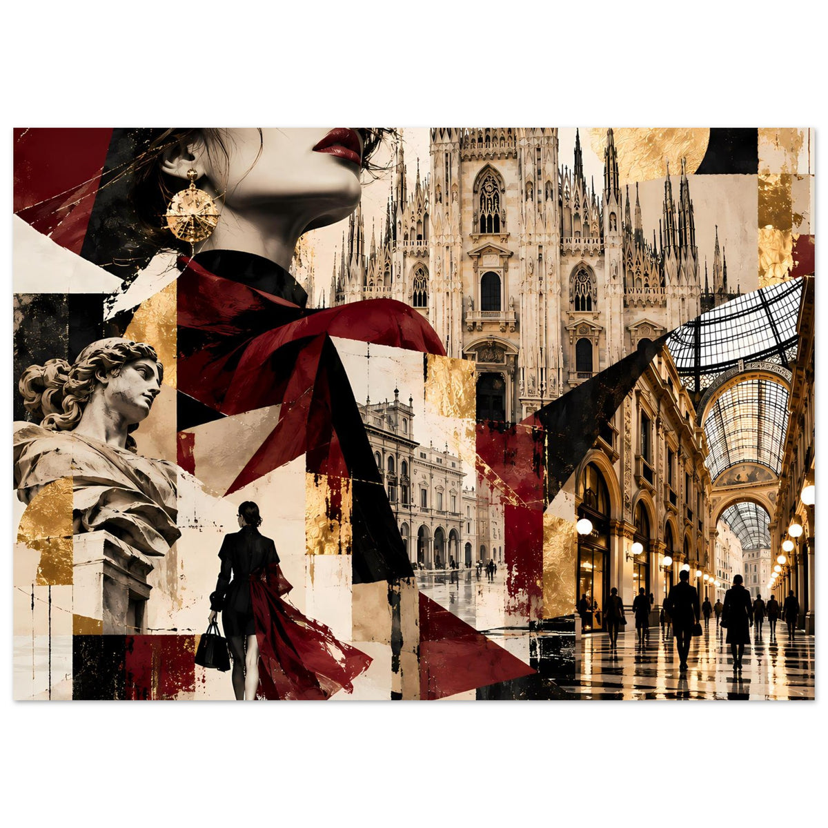 Horizontales Poster-Collage mit Gebäudeansicht, Porträt und Flaggenmuster in Burgund, Gold