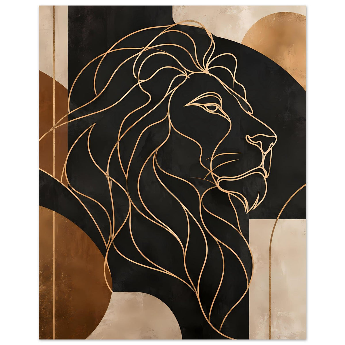 Poster mit geometrischem Löwen: goldene Linienzeichnung, schwarzer Hintergrund, ganzer Löwenkopf