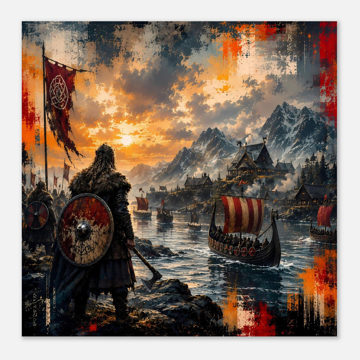 Wikinger-Saga-Poster mit Schildträger, Langschiff und Berglandschaft im warmen Sonnenlicht