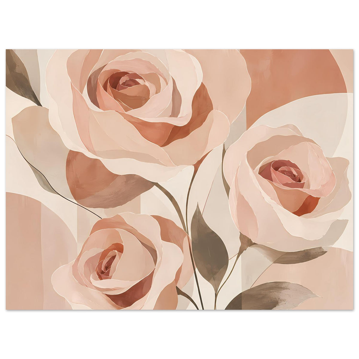 Florales Poster mit großen Rosen und Blättern in Rosa-, Pfirsich- und Beigetönen