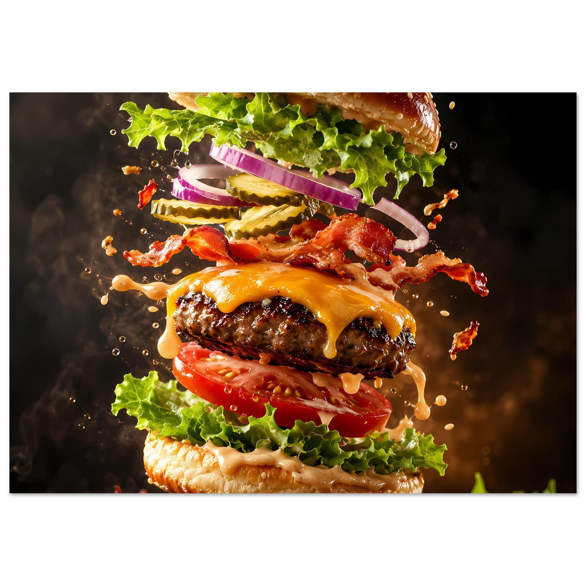 Poster mit Burger-Illustration, horizontal zugeschnitten: Fokus auf Käse- und Speckschichten