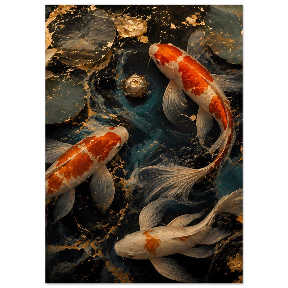 Koi-Teich Kunstposter im Hochformat: drei Koi mit orangefarbenen Schuppen, dunkler Untergrund.