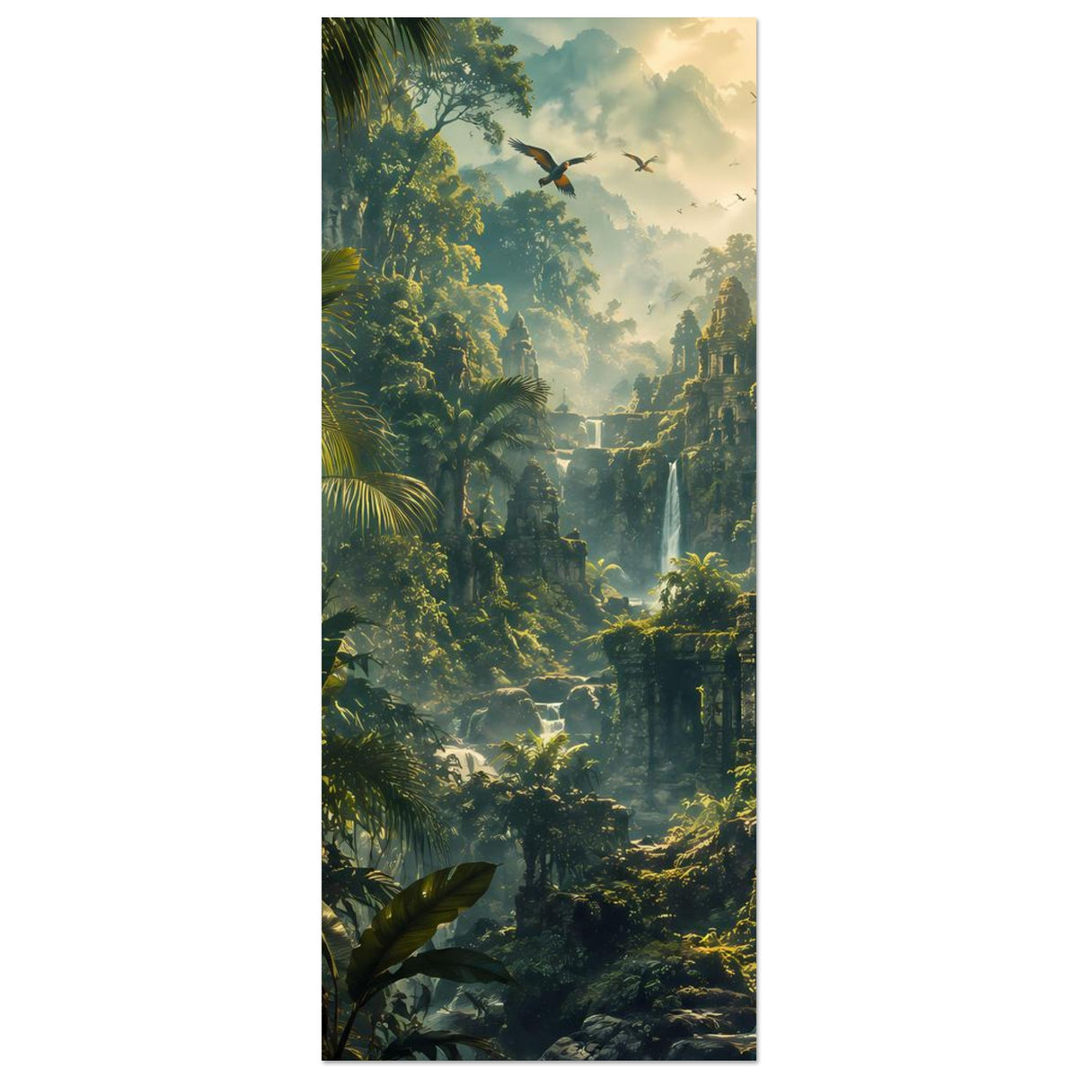 Vertikales Poster mit Dschungelruinen, Wasserfall und schwarzem Panther links, Hochformat