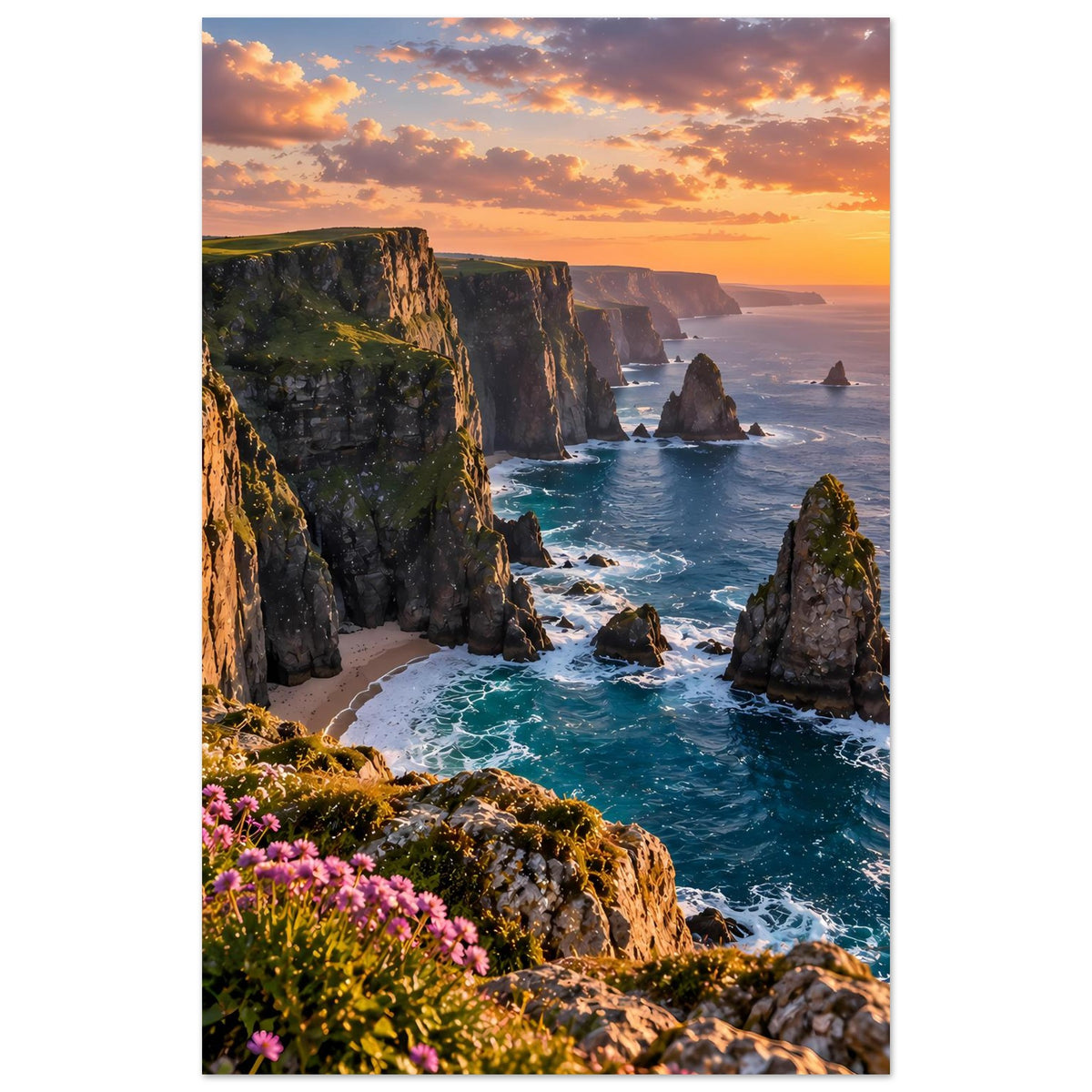 Vertikales Poster: Küstenklippen, Sonnenuntergang über dem Meer und Blüten