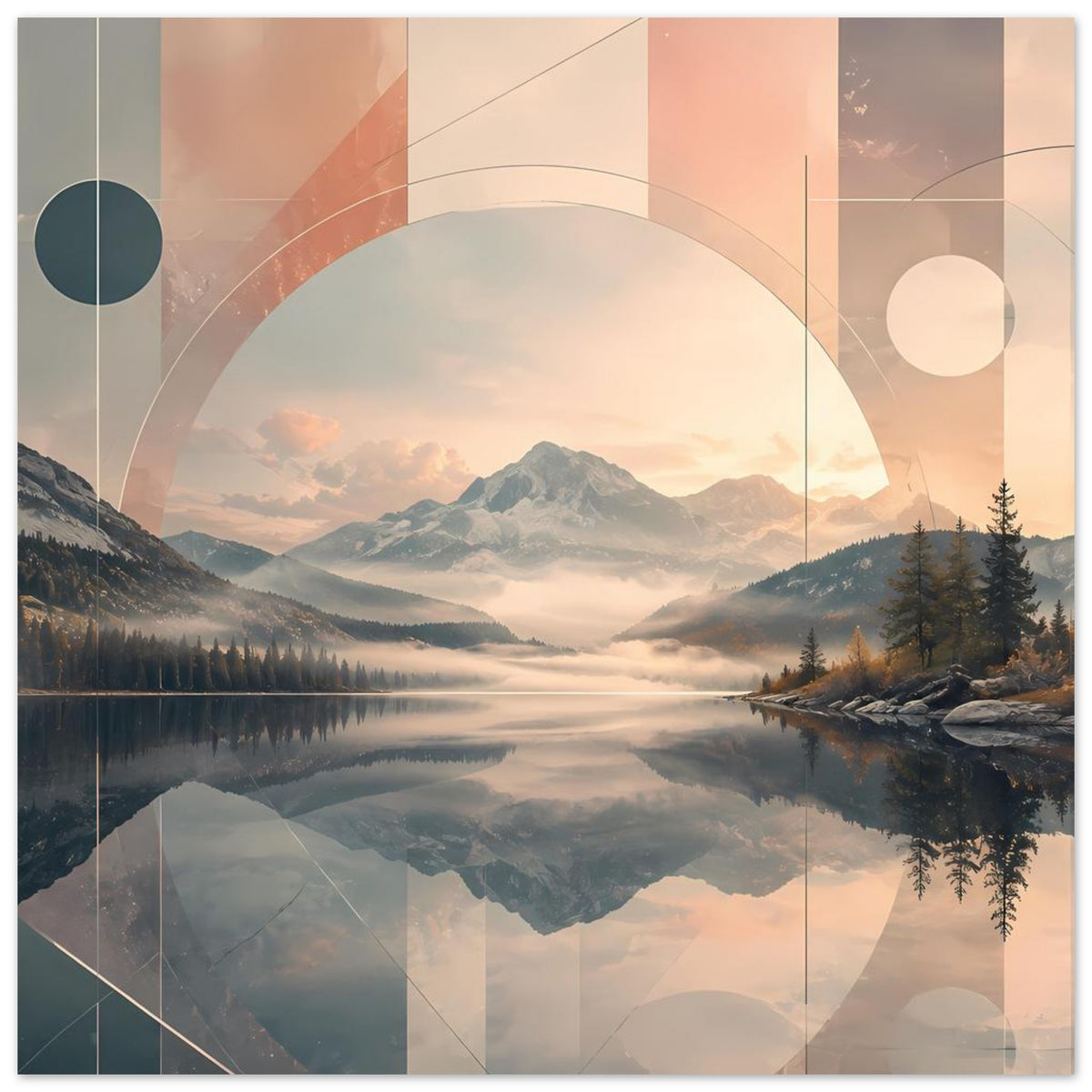 Horizontaler Poster-Druck mit Bergsee-Landschaft, Kreisflächen, Rasterlinien und Bäumen