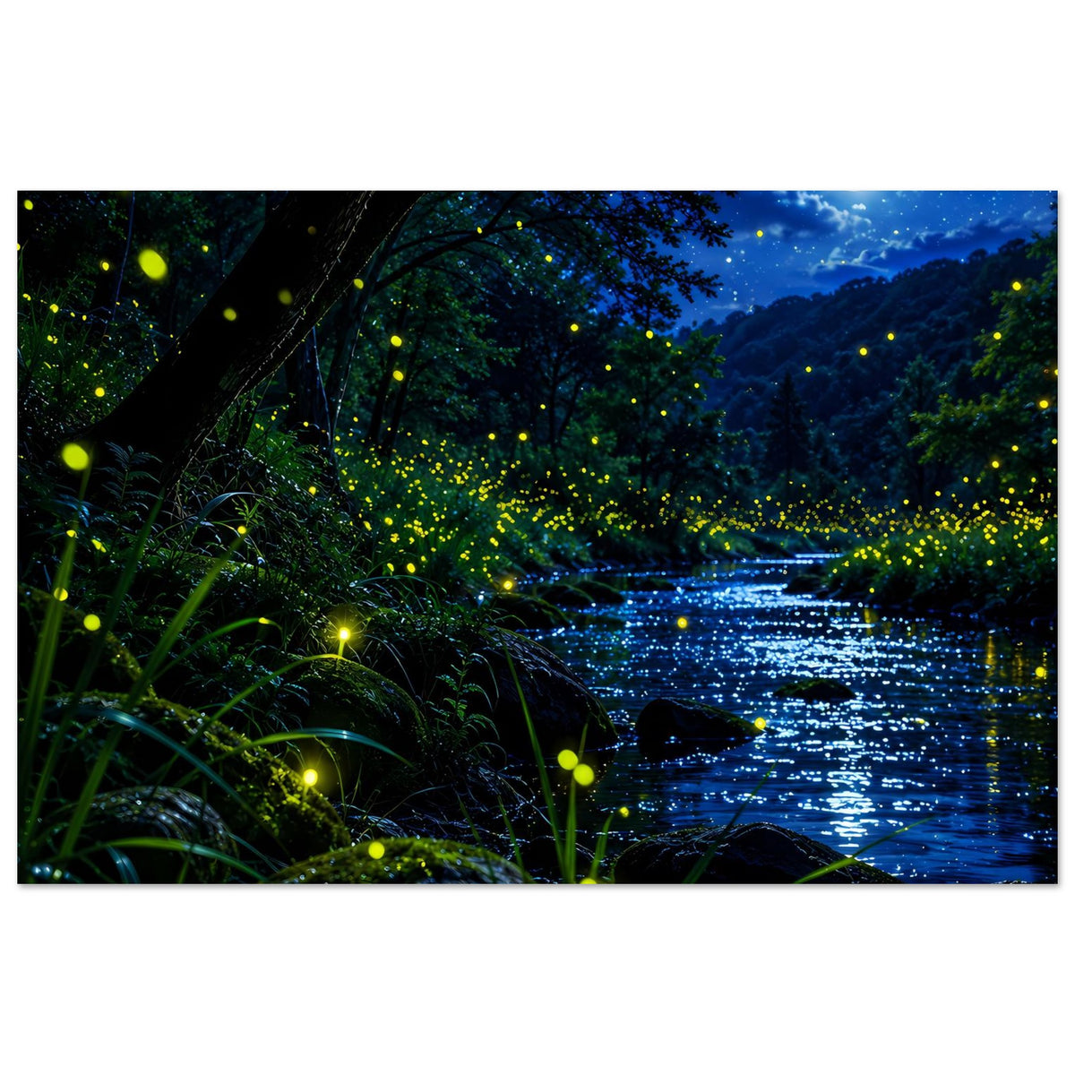 Wandposter mit Fluss im Nachtwald, grüne Glühwürmchen-Lichter und hell erleuchtetem Mond